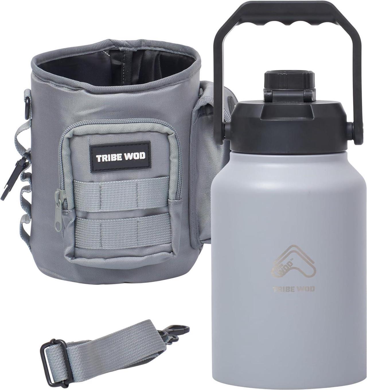 Main image of Tribe WOD Tactical Water Bottle - 64 oz - Outdoor Military Water Bottles Stainless Steel - Double-Wall Jug with Rugged Strap and Removable Sleeve for Keys, Wallet, Phone (Ash Grey)