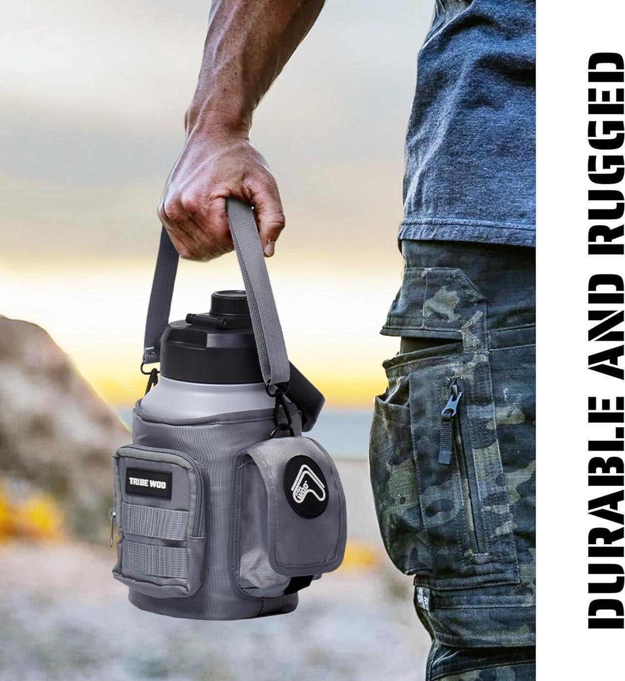 Alt view image 4 of 7 - Tribe WOD Tactical Water Bottle - 64 oz - Outdoor Military Water Bottles Stainless Steel - Double-Wall Jug with Rugged Strap and Removable Sleeve for Keys, Wallet, Phone (Ash Grey)
