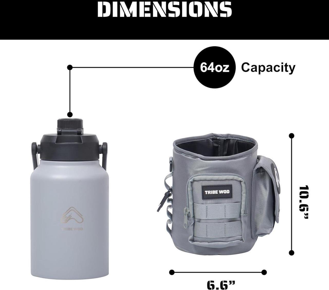 Alt view image 3 of 7 - Tribe WOD Tactical Water Bottle - 64 oz - Outdoor Military Water Bottles Stainless Steel - Double-Wall Jug with Rugged Strap and Removable Sleeve for Keys, Wallet, Phone (Ash Grey)