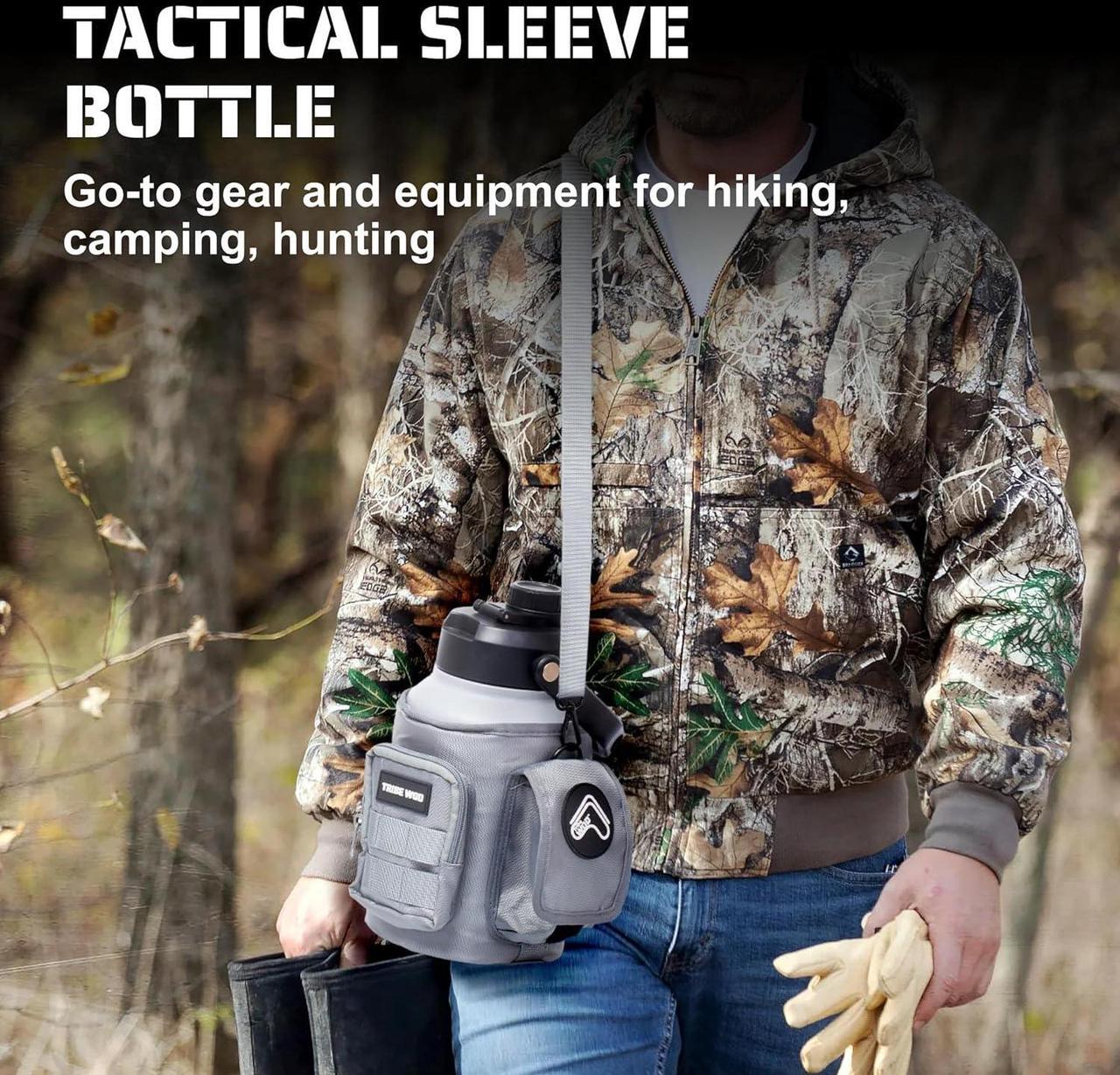 Alt view image 2 of 7 - Tribe WOD Tactical Water Bottle - 64 oz - Outdoor Military Water Bottles Stainless Steel - Double-Wall Jug with Rugged Strap and Removable Sleeve for Keys, Wallet, Phone (Ash Grey)