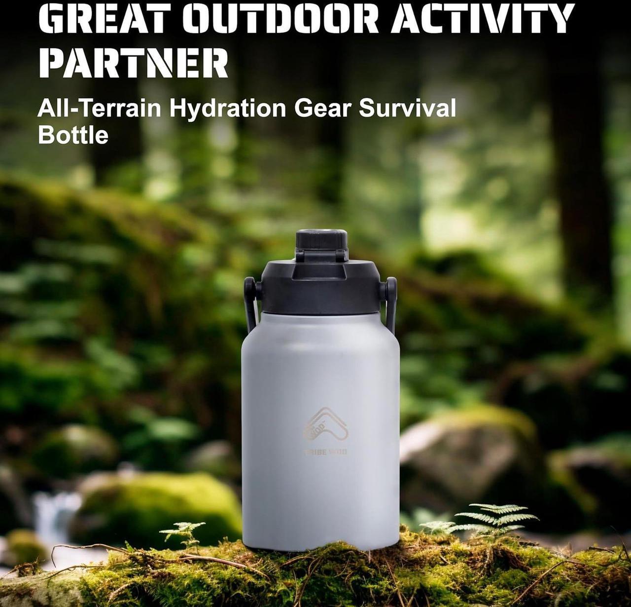 Alt view image 7 of 7 - Tribe WOD Tactical Water Bottle - 64 oz - Outdoor Military Water Bottles Stainless Steel - Double-Wall Jug with Rugged Strap and Removable Sleeve for Keys, Wallet, Phone (Ash Grey)