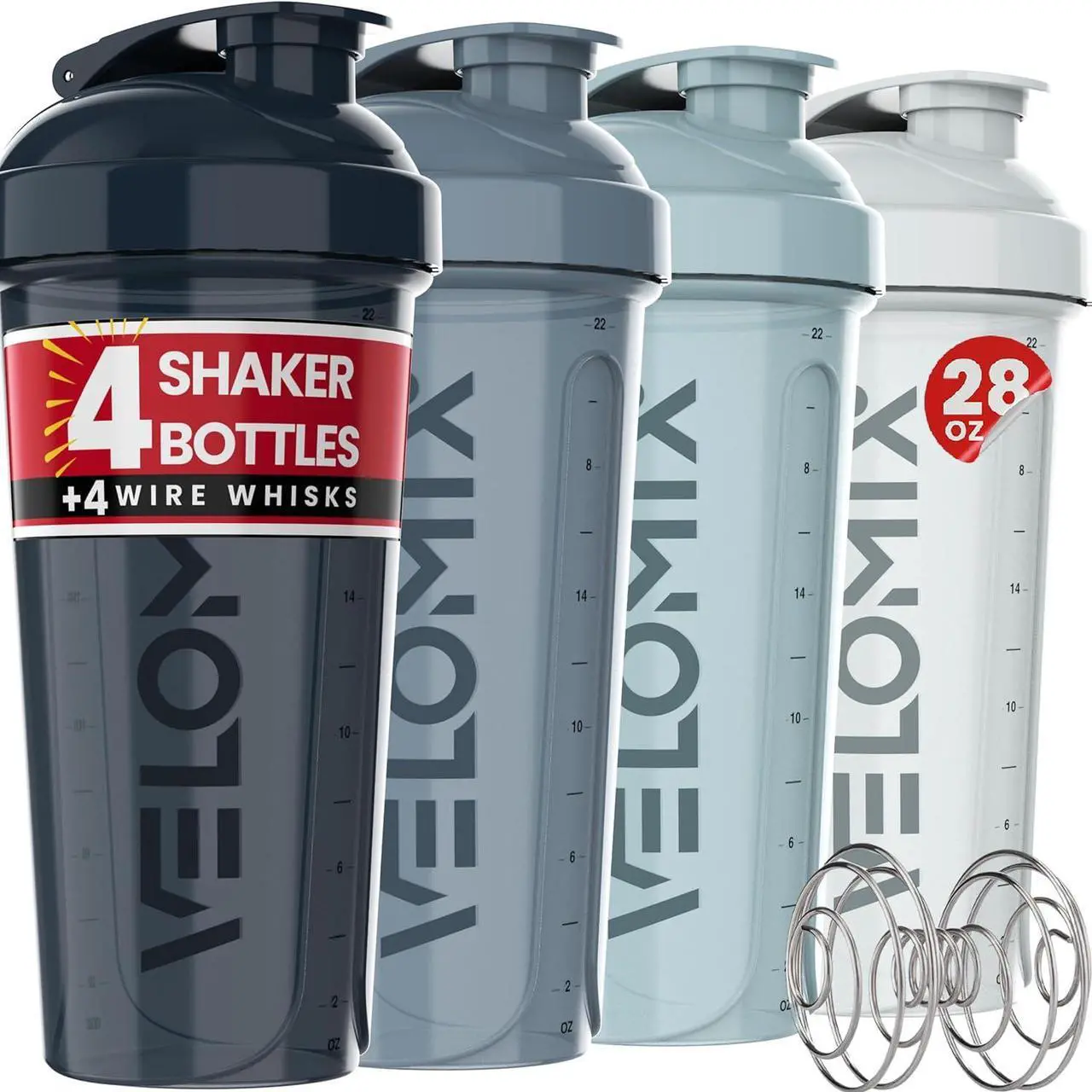 Main image of -4 PACK- 28 oz Shaker Cups for Protein Shakes - 4x Wire Whisk | Leak Proof Protein Shaker Bottles for Protein Mixes | Protein Shaker Bottle Pack | Mixer for Protein Shakes(Aqua Depths)