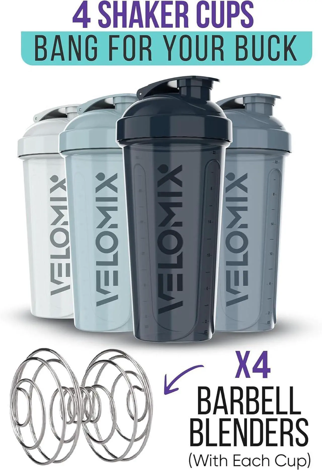Alt view image 3 of 7 - -4 PACK- 28 oz Shaker Cups for Protein Shakes - 4x Wire Whisk | Leak Proof Protein Shaker Bottles for Protein Mixes | Protein Shaker Bottle Pack | Mixer for Protein Shakes(Aqua Depths)