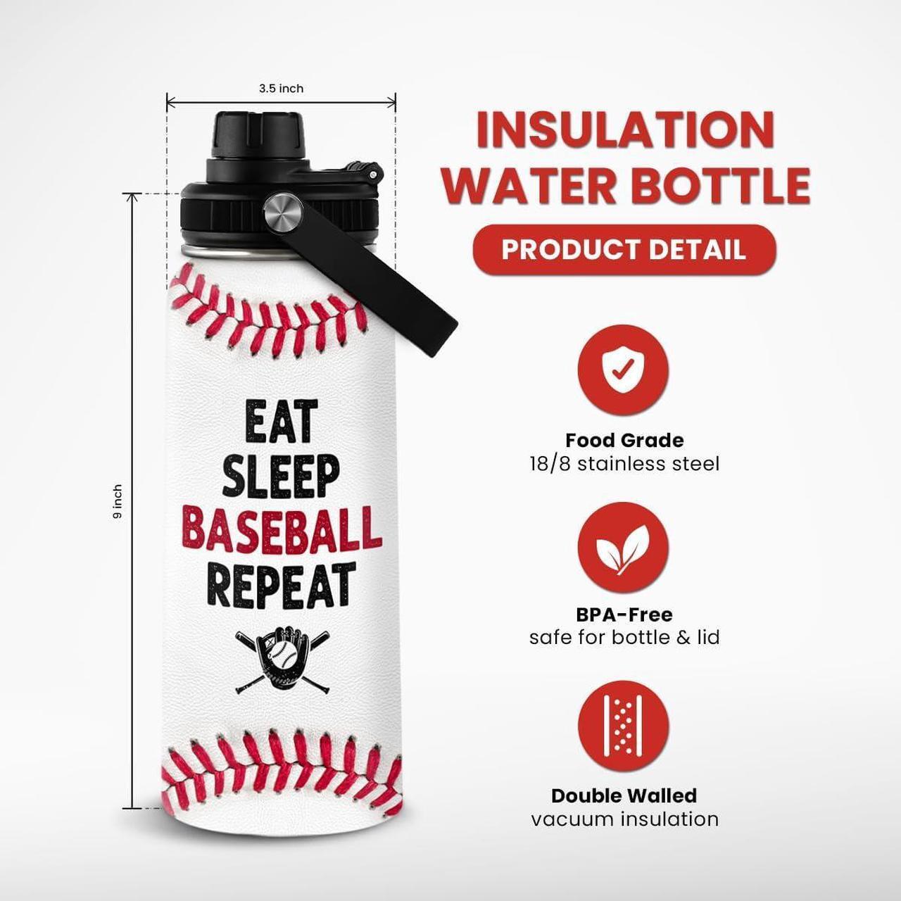 Alt view image 3 of 7 - SANDJEST Baseball Water Bottle 32 Oz - Insulated Stainless Steel Sport Bottles with Lid - Baseball Gift for Men Players Fan Coach