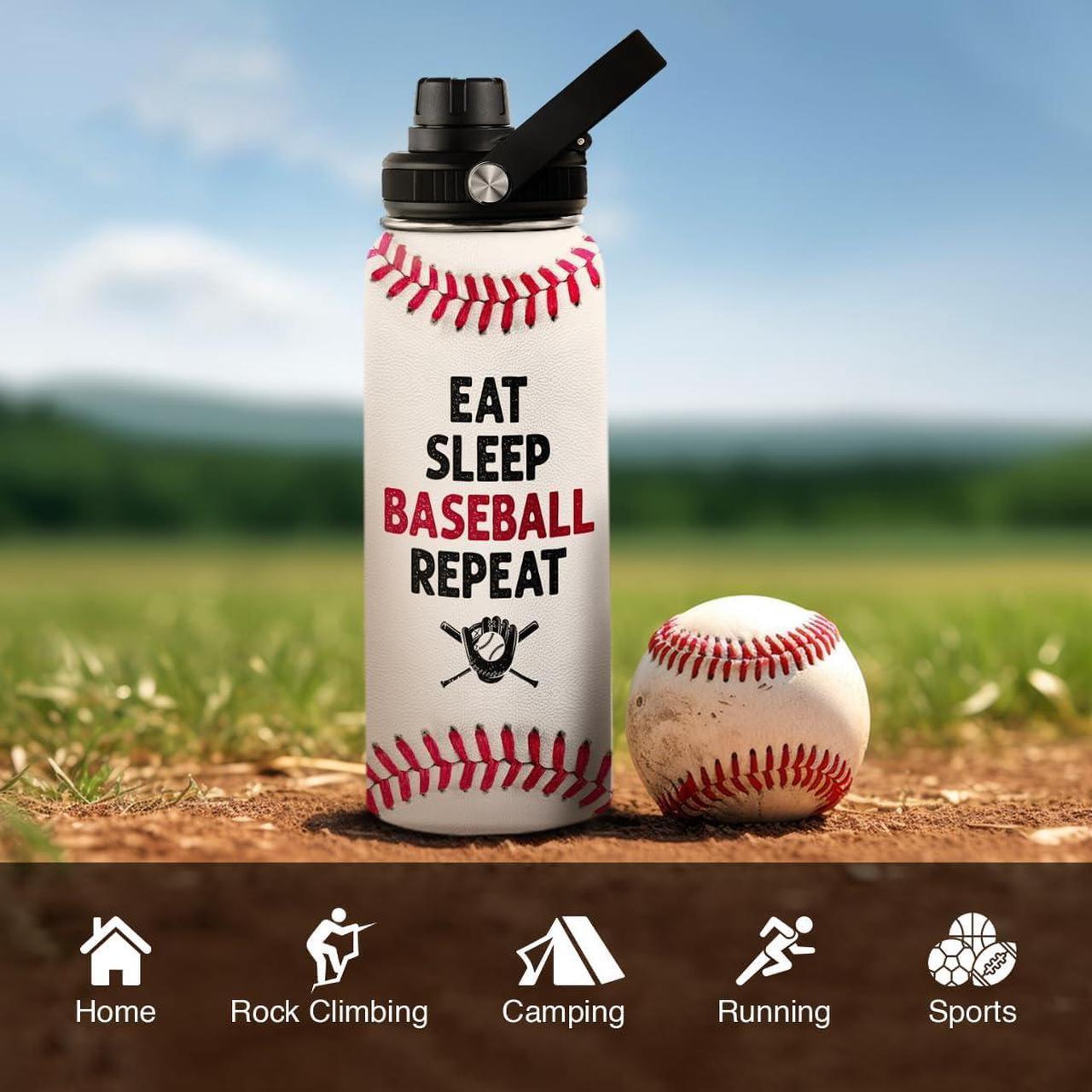 Alt view image 7 of 7 - SANDJEST Baseball Water Bottle 32 Oz - Insulated Stainless Steel Sport Bottles with Lid - Baseball Gift for Men Players Fan Coach