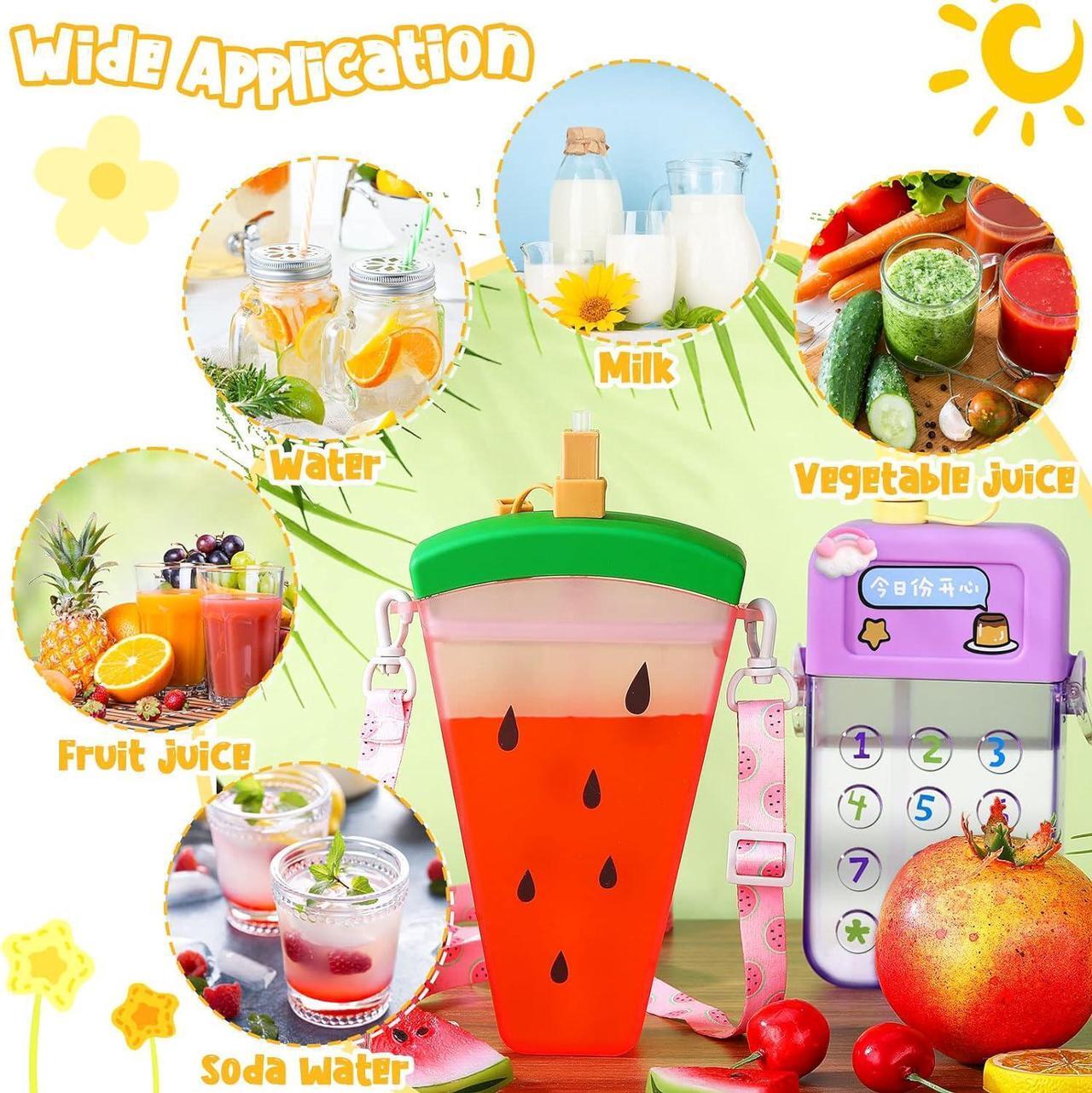 Alt view image 2 of 6 - Queekay 6 Pcs Water Bottles with Straws for Kids Watermelon Adjustable Strap Leakproof Plastic Watermelon Ice Cream Camera Bread Biscuits Shaped Water Bottle for School Travel