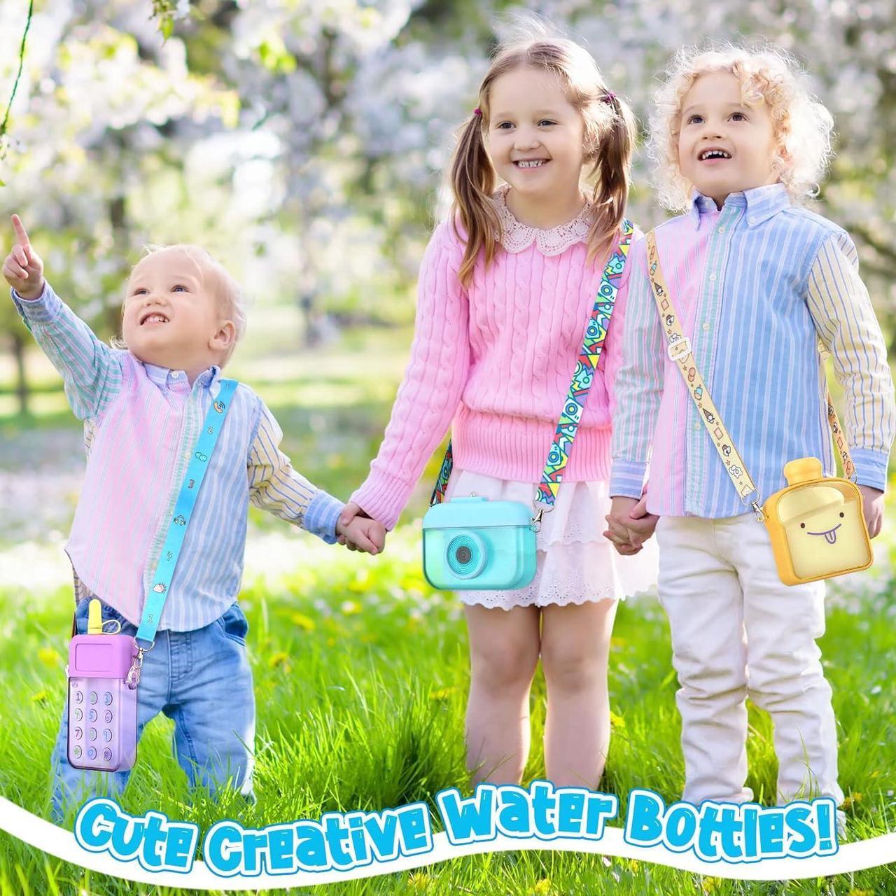 Alt view image 5 of 6 - Queekay 6 Pcs Water Bottles with Straws for Kids Watermelon Adjustable Strap Leakproof Plastic Watermelon Ice Cream Camera Bread Biscuits Shaped Water Bottle for School Travel