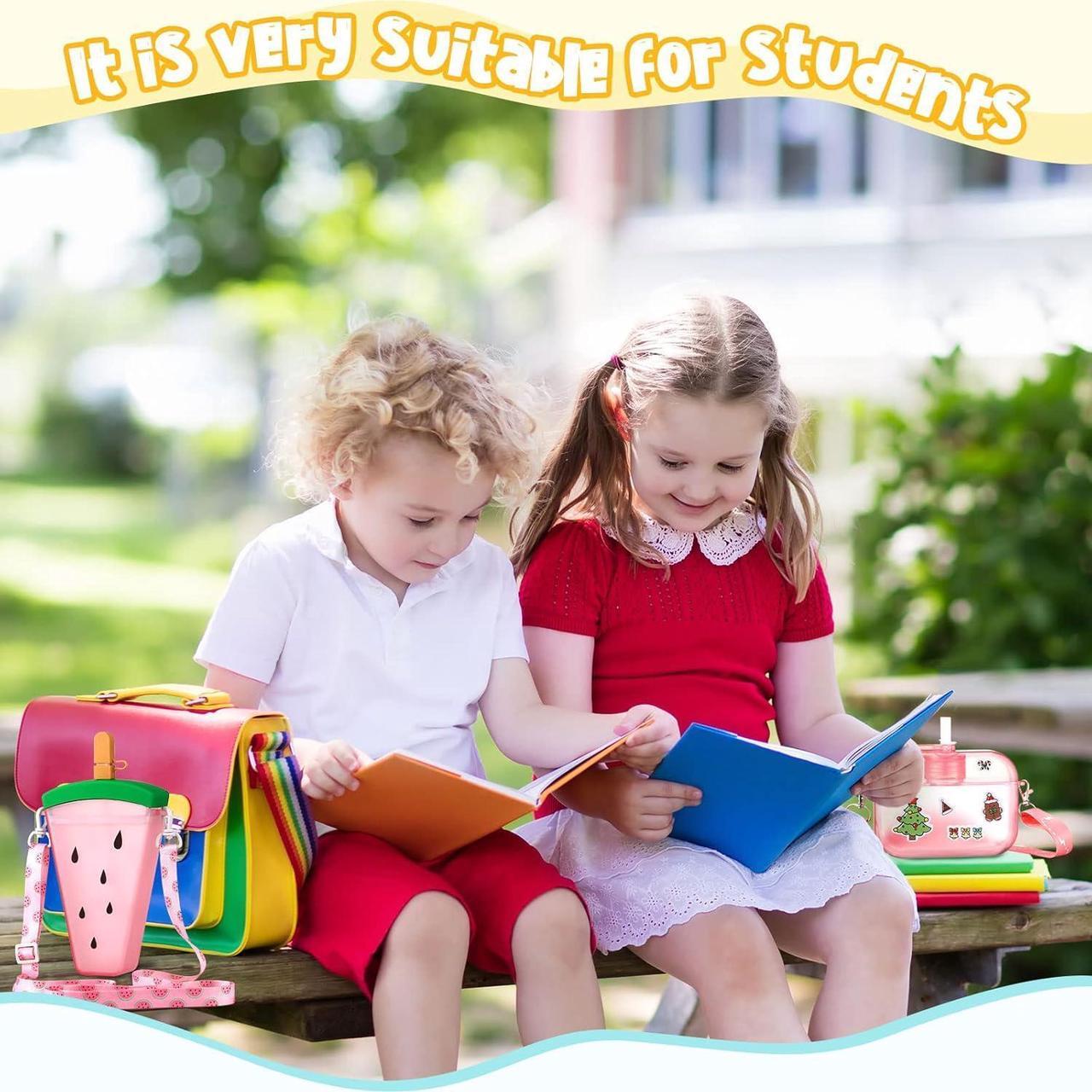 Alt view image 3 of 6 - Queekay 6 Pcs Water Bottles with Straws for Kids Watermelon Adjustable Strap Leakproof Plastic Watermelon Ice Cream Camera Bread Biscuits Shaped Water Bottle for School Travel