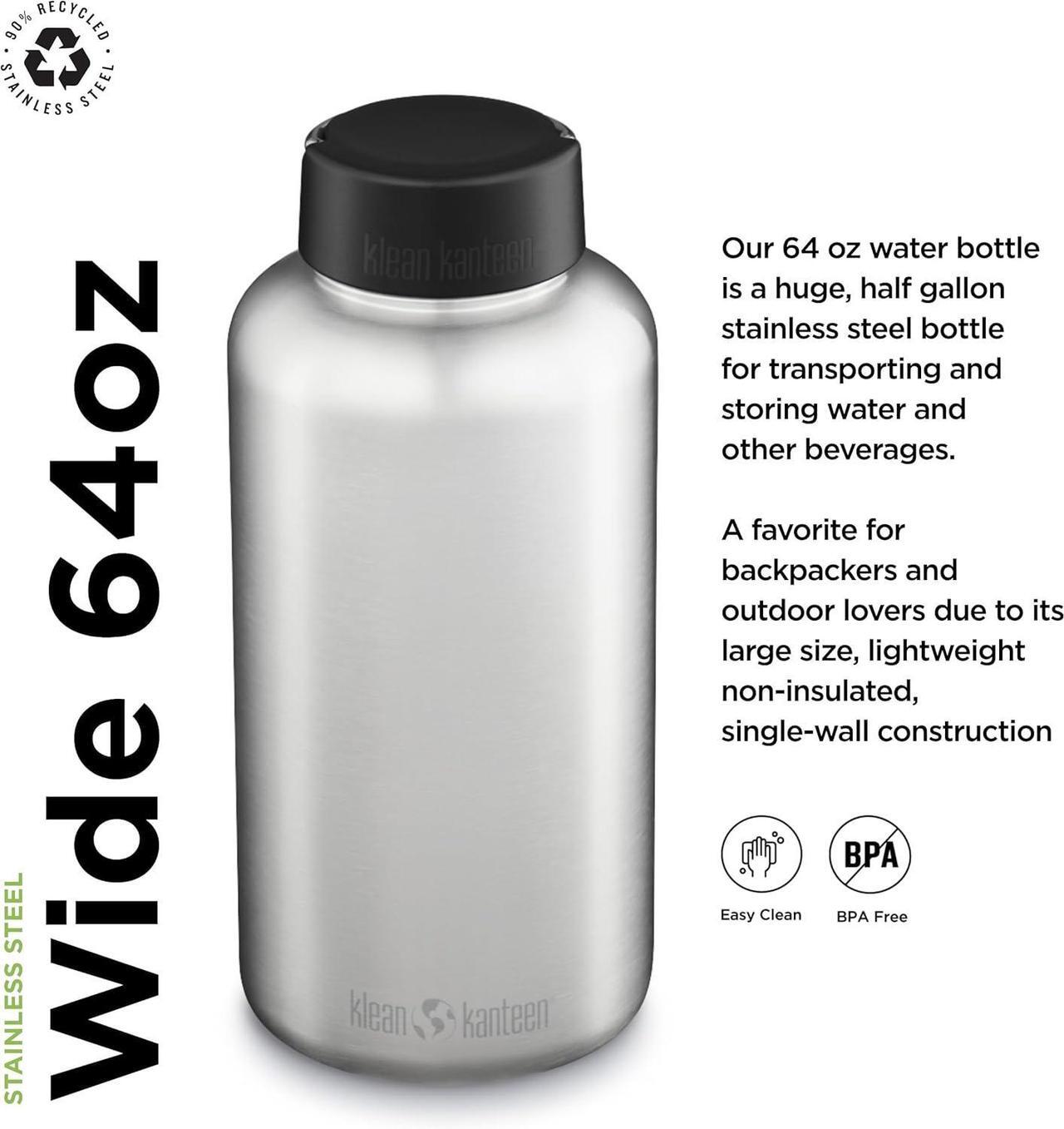 Alt view image 3 of 7 - Klean Kanteen Wide Mouth Single Wall Stainless Steel Water Bottle (w/Wide Loop Cap) - 64oz - Brushed Stainless