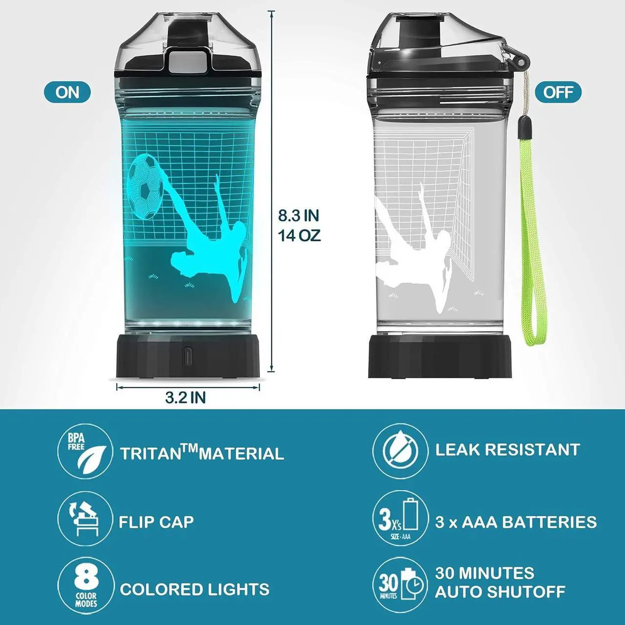 Alt view image 6 of 7 - YuanDian Soccer Gifts, Light Up Kids Water Bottle with 3D Soccer Illusion Lamp- 14 OZ Tritan BPA Free - Cool Drinking Cups Gift for School Kids Boy Child Sport Soccer Lovers