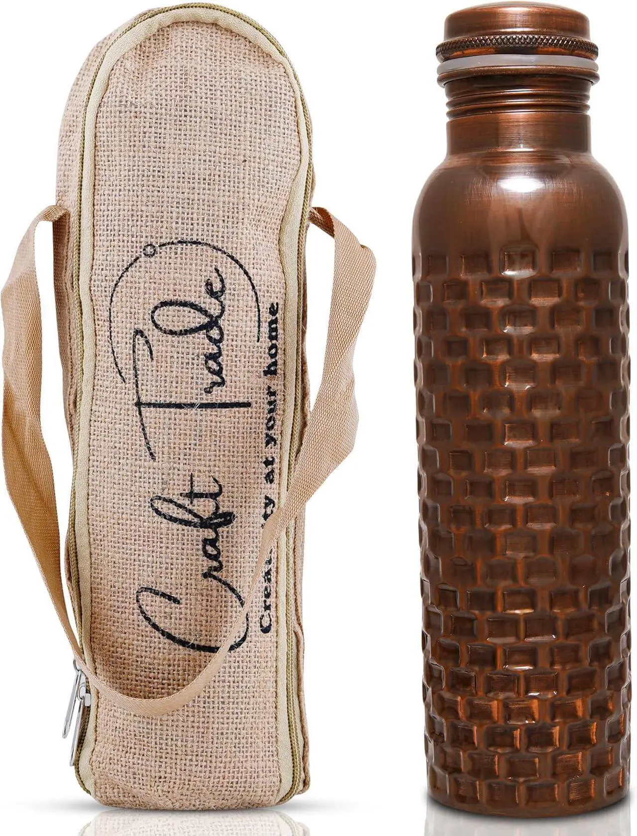 Main image of Craft Trade Diamond Copper Bottle with Lid and Carry Bag for Drinking Water BPA Free Leak Proof Boosts Immunity, Supports Digestive, Ayurveda Inspired 34oz - 1 Litre Black