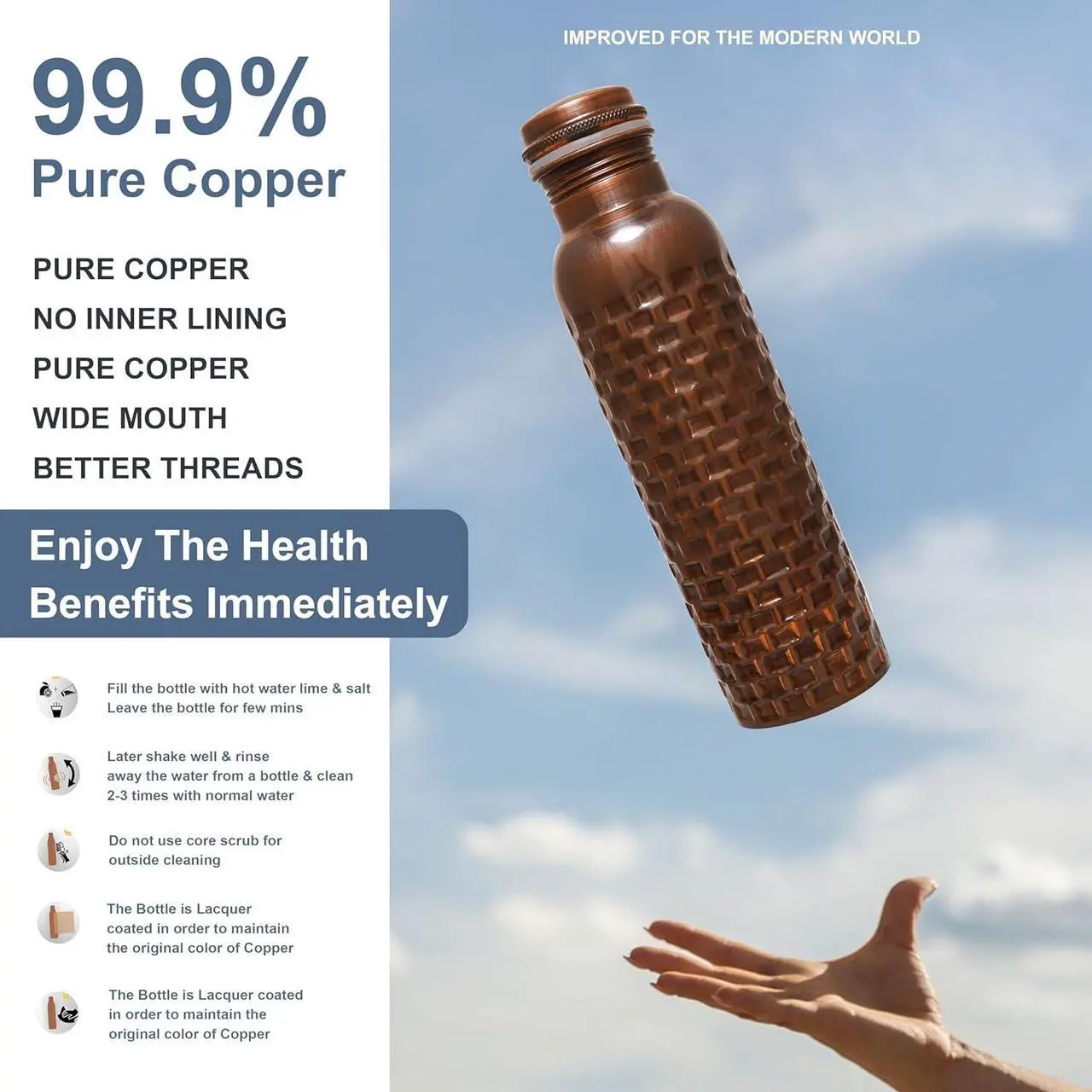 Alt view image 5 of 7 - Craft Trade Diamond Copper Bottle with Lid and Carry Bag for Drinking Water BPA Free Leak Proof Boosts Immunity, Supports Digestive, Ayurveda Inspired 34oz - 1 Litre Black