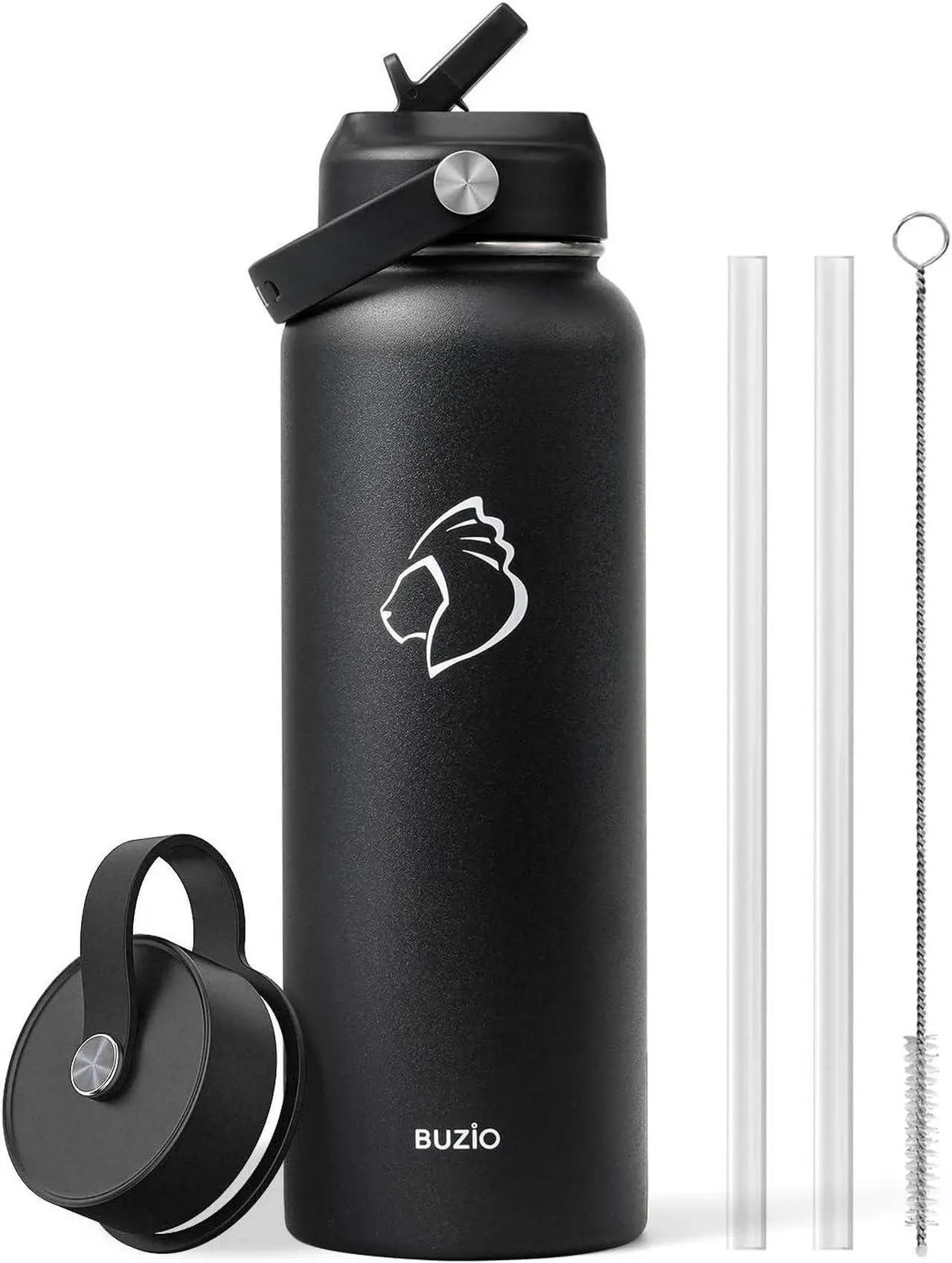 Main image of BUZIO 40oz Insulated Water Bottle, Triple Wall Vacuum Stainless Steel Water Flask with 2 lids, Lead-Free BPA-Free Straw Lid Sports Canteen Jug, Cold 48H & Hot 24H- Black