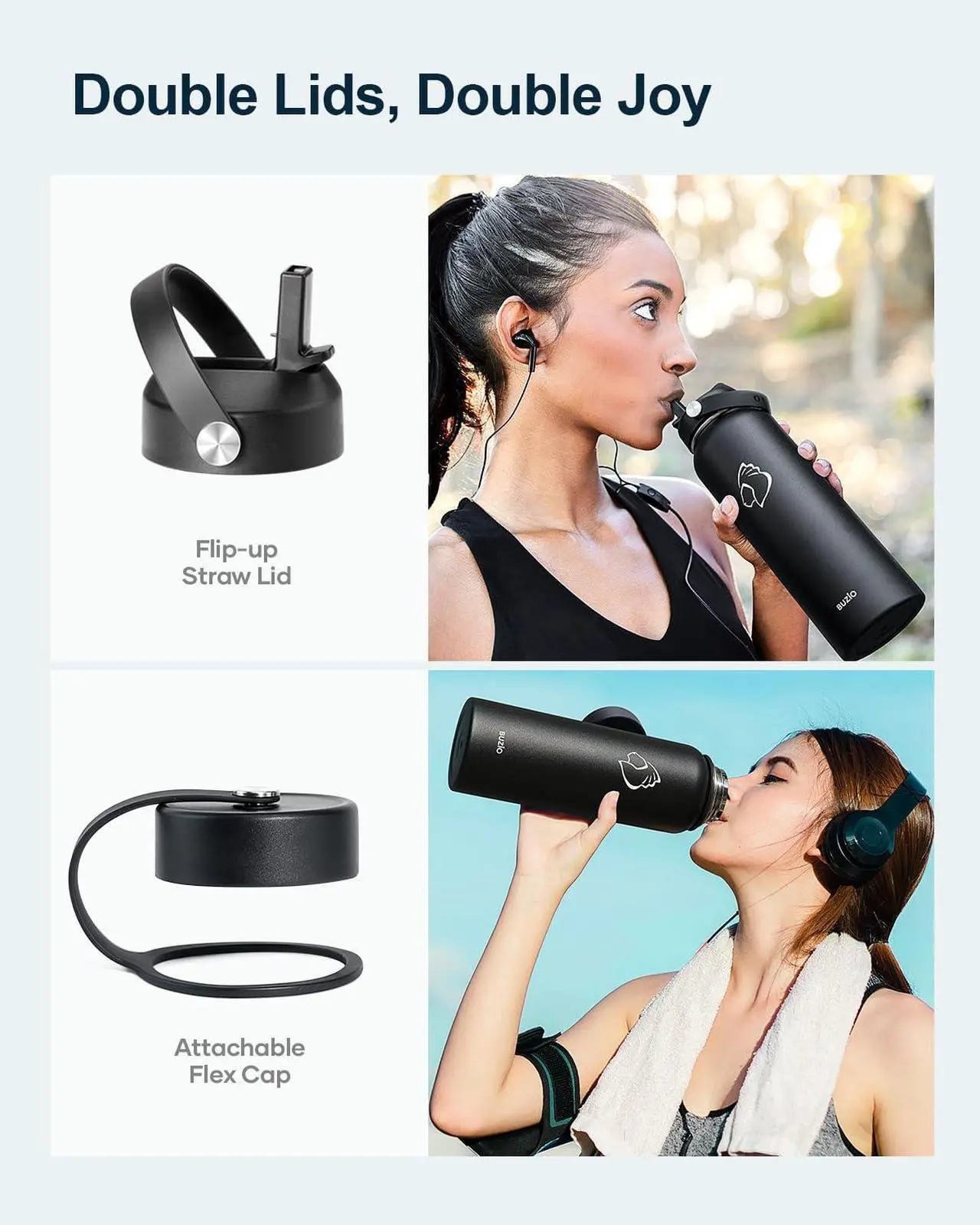 Alt view image 3 of 7 - BUZIO 40oz Insulated Water Bottle, Triple Wall Vacuum Stainless Steel Water Flask with 2 lids, Lead-Free BPA-Free Straw Lid Sports Canteen Jug, Cold 48H & Hot 24H- Black
