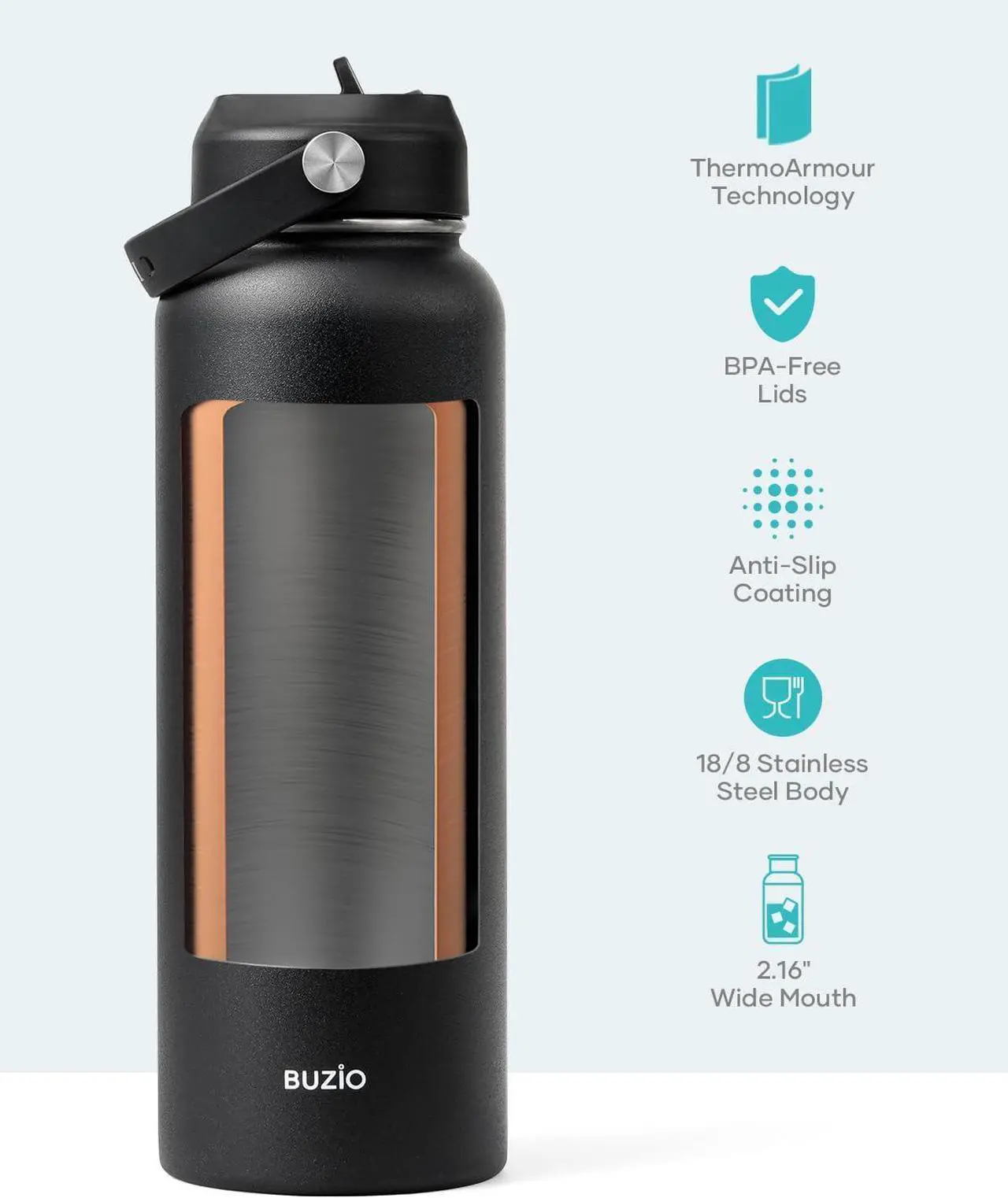 Alt view image 4 of 7 - BUZIO 40oz Insulated Water Bottle, Triple Wall Vacuum Stainless Steel Water Flask with 2 lids, Lead-Free BPA-Free Straw Lid Sports Canteen Jug, Cold 48H & Hot 24H- Black