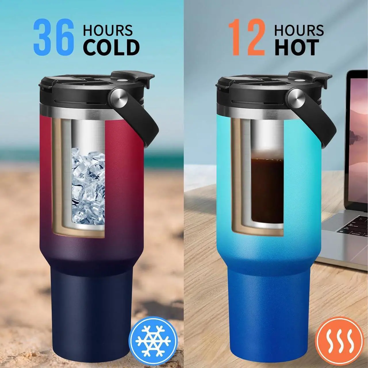 Alt view image 3 of 7 - 40 OZ Tumblers with Lid and Straw - Travel Coffee Tumbler Keep Cold-36H & Hot-12H, Wide Mouth Insulated Water Bottles for Work Sport Gym, Stainless Steel Tumbler Mug Leak Proof