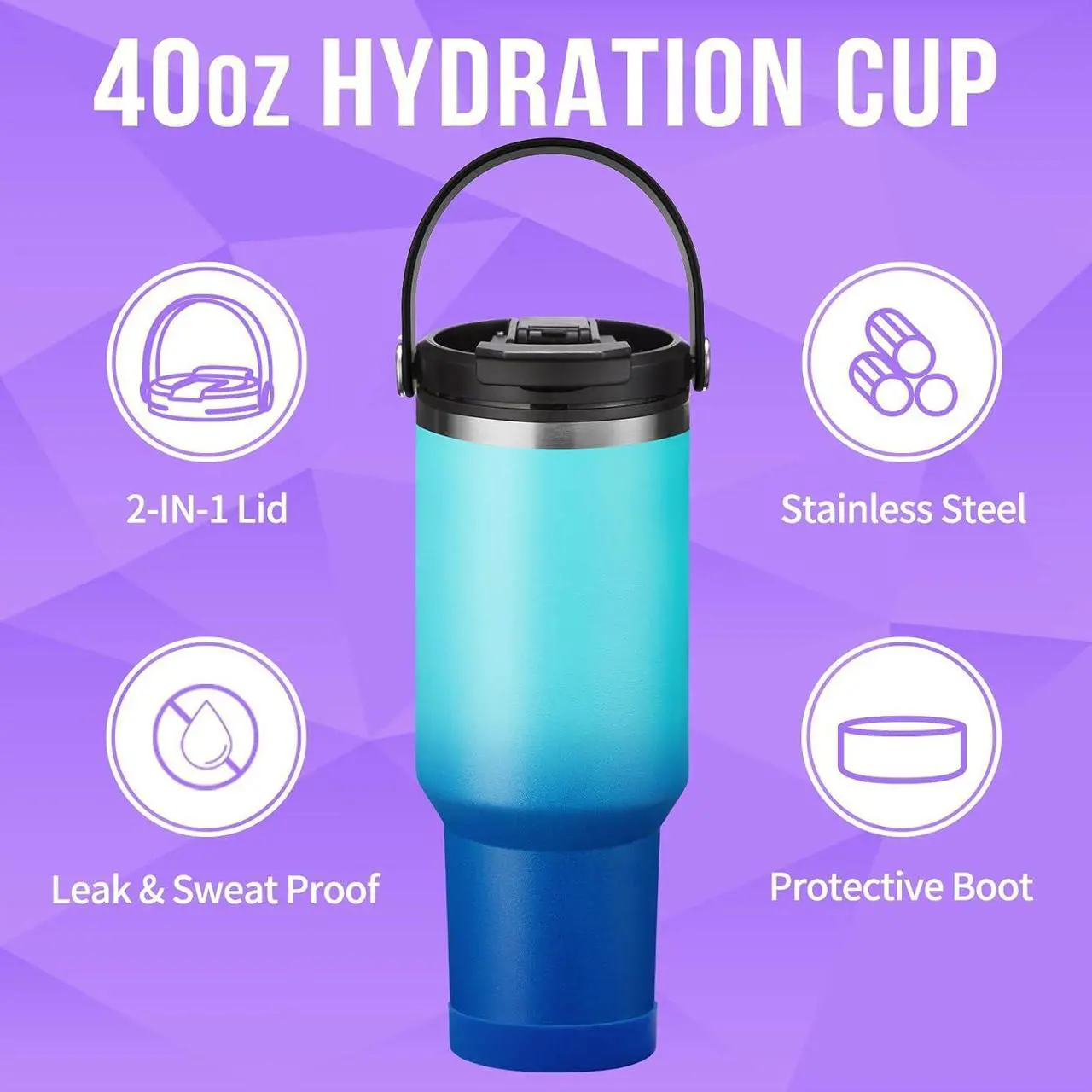 Alt view image 6 of 7 - 40 OZ Tumblers with Lid and Straw - Travel Coffee Tumbler Keep Cold-36H & Hot-12H, Wide Mouth Insulated Water Bottles for Work Sport Gym, Stainless Steel Tumbler Mug Leak Proof