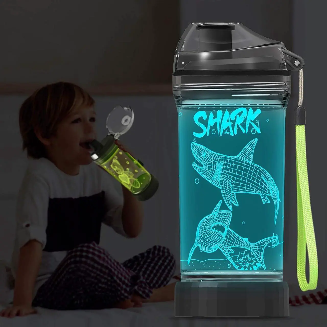 Alt view image 2 of 7 - YuanDian Shark Gifts, Light Up Kids Water Bottle with 3D Ocean Animal Shark Design- 14 OZ Tritan BPA Free - Cool Drinking Cups Gift for School Kids Baby Boy Girl Child Christmas Holiday