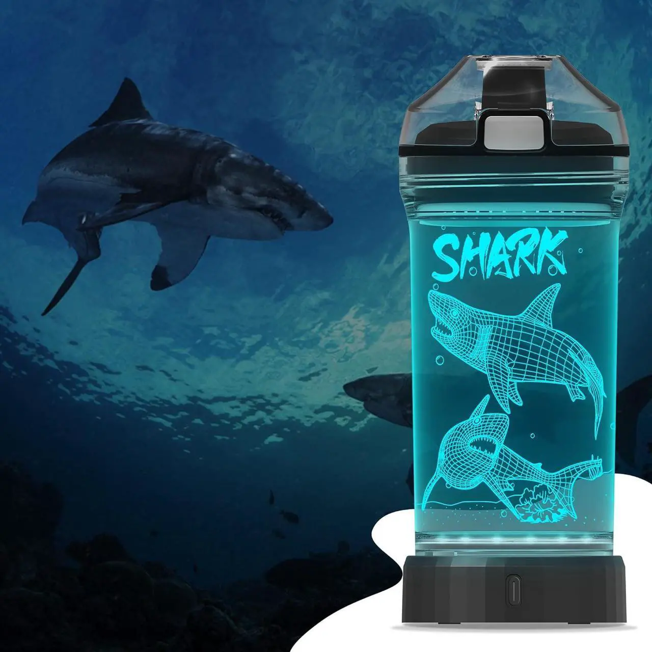 Alt view image 3 of 7 - YuanDian Shark Gifts, Light Up Kids Water Bottle with 3D Ocean Animal Shark Design- 14 OZ Tritan BPA Free - Cool Drinking Cups Gift for School Kids Baby Boy Girl Child Christmas Holiday