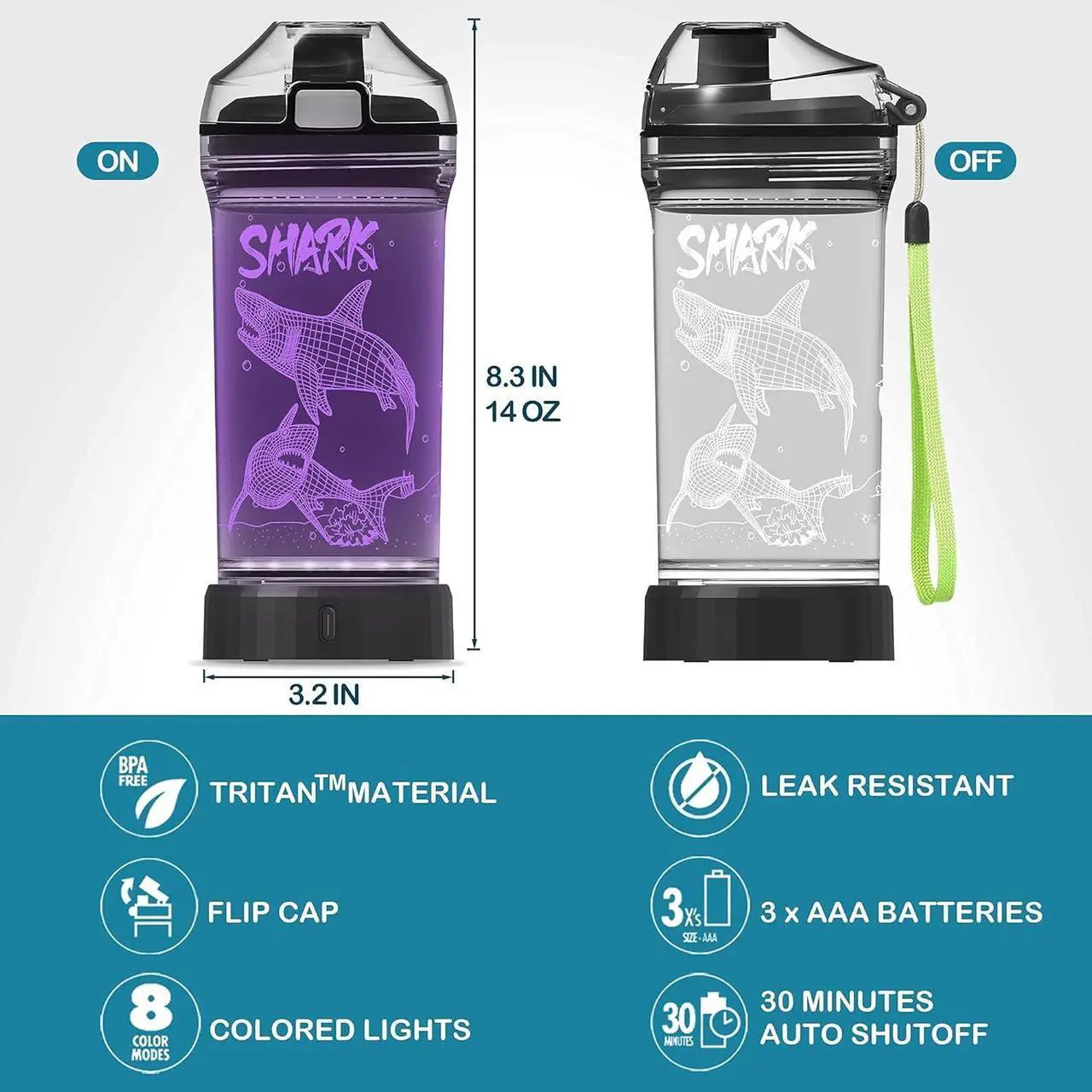Alt view image 7 of 7 - YuanDian Shark Gifts, Light Up Kids Water Bottle with 3D Ocean Animal Shark Design- 14 OZ Tritan BPA Free - Cool Drinking Cups Gift for School Kids Baby Boy Girl Child Christmas Holiday