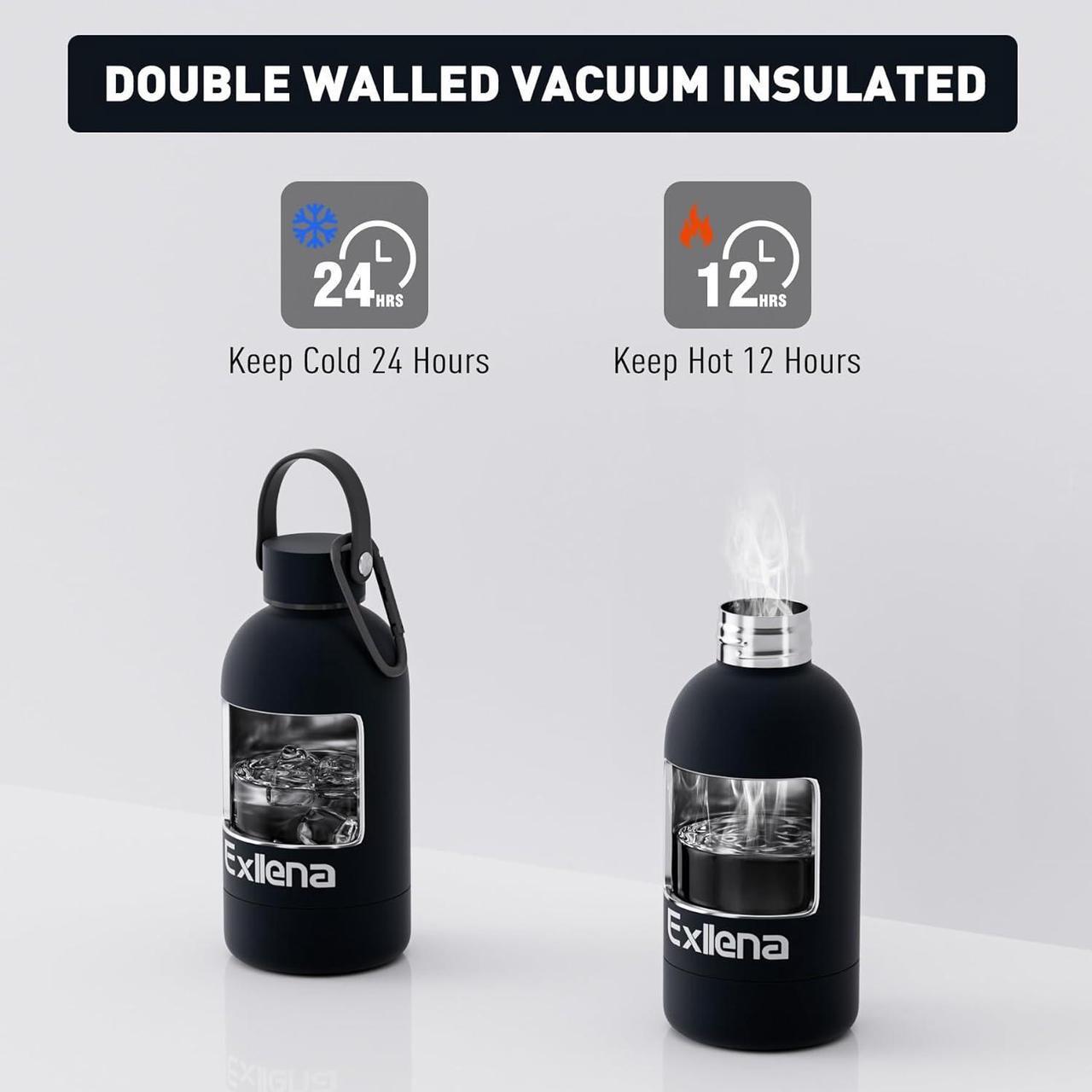Alt view image 3 of 7 - Small Water Bottles 12 oz with Handle Lid and Carabiner, Mini Insulated Water Bottle Double Wall Vacuum Leakproof for Kids/Adults (Black)