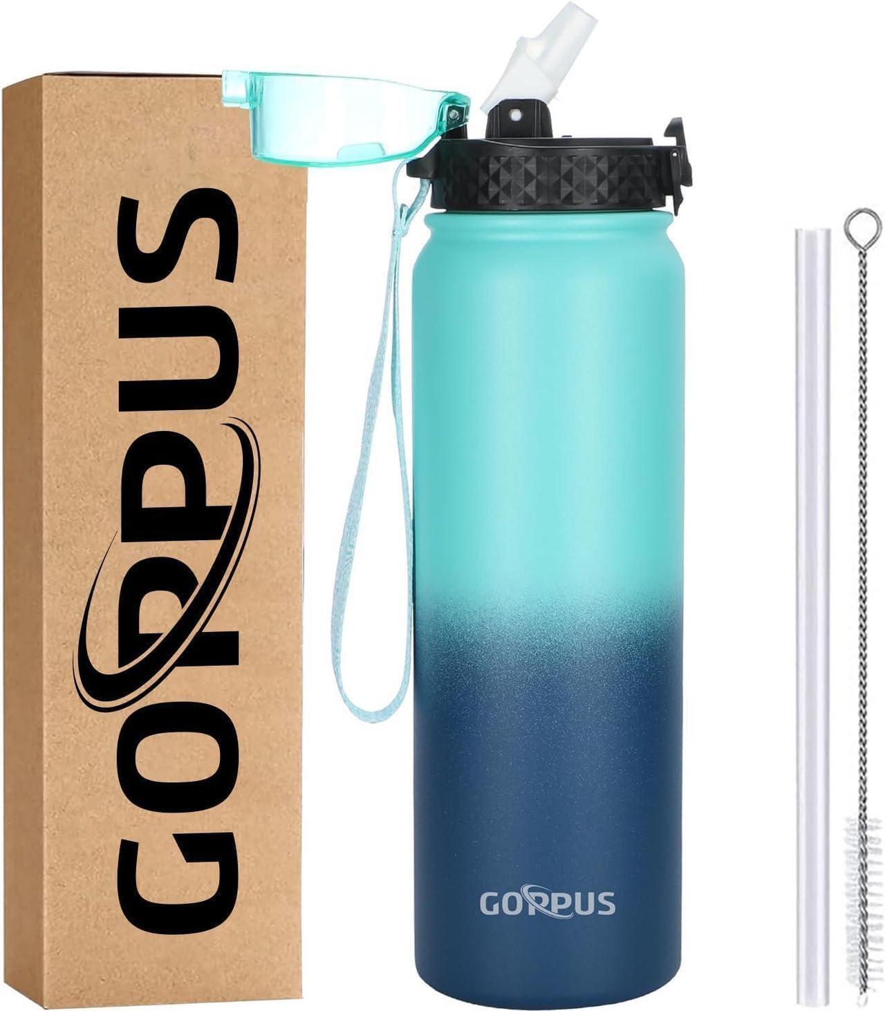 Main image of GOPPUS 32 oz Sports Water Bottle 1 Liter Double Wall Insulated Stainless Steel Water Bottles with Straw Lid Reusable Leak proof Metal water bottles with Strap Handle(Blue Navy 1 lid)