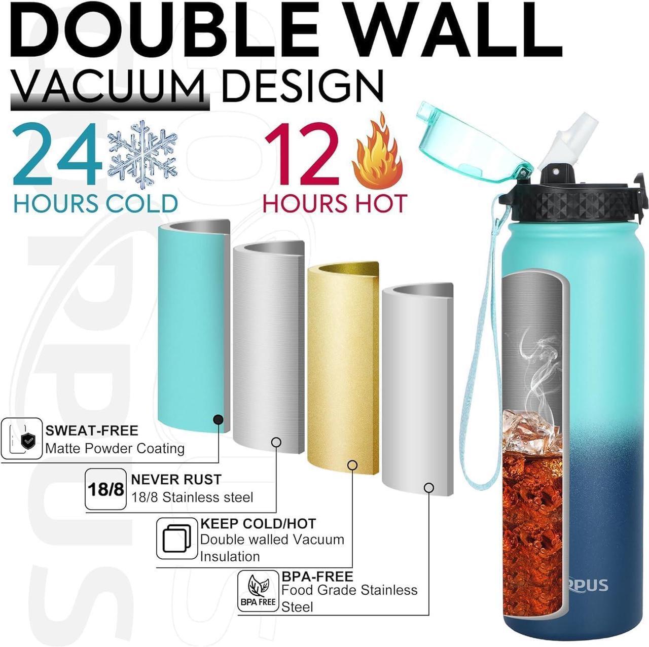 Alt view image 4 of 5 - GOPPUS 32 oz Sports Water Bottle 1 Liter Double Wall Insulated Stainless Steel Water Bottles with Straw Lid Reusable Leak proof Metal water bottles with Strap Handle(Blue Navy 1 lid)