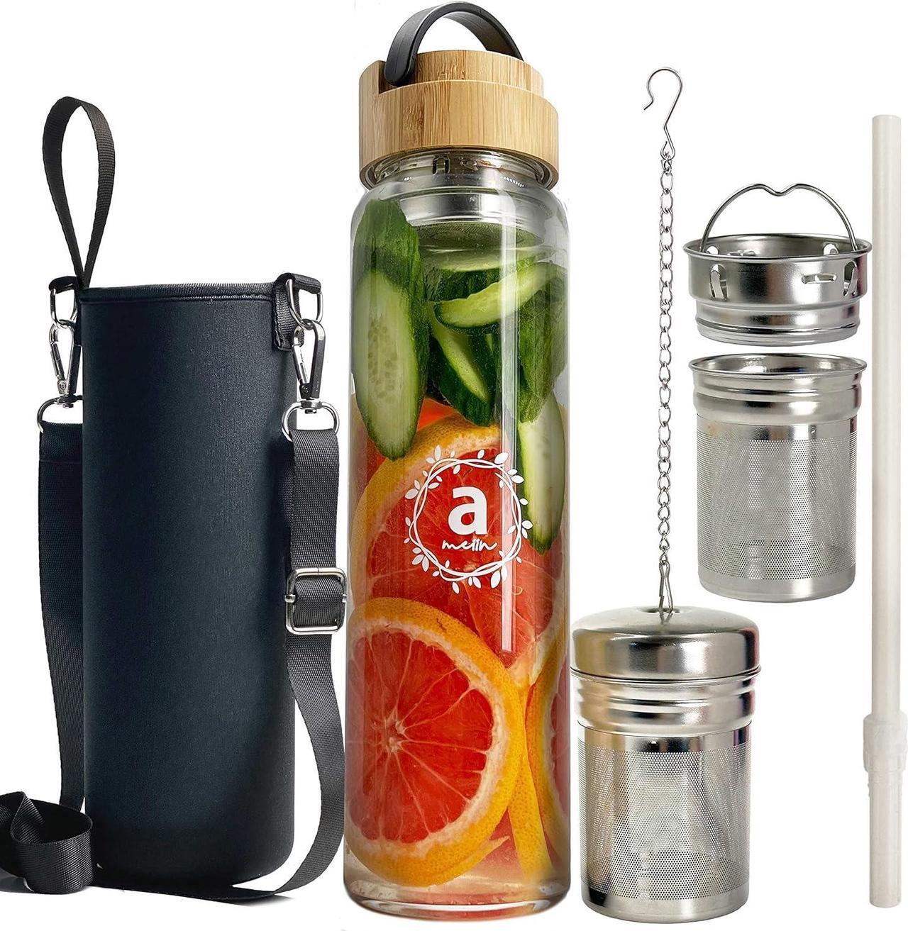 Main image of 32oz Borosilicate Glass Water Bottle with Bamboo Lid and 2 Tea Infuser Sets for Fruit Infused Water and Cold Brew Coffee - Glass Tea Infuser Bottle with Strainer for Loose Leaf Tea