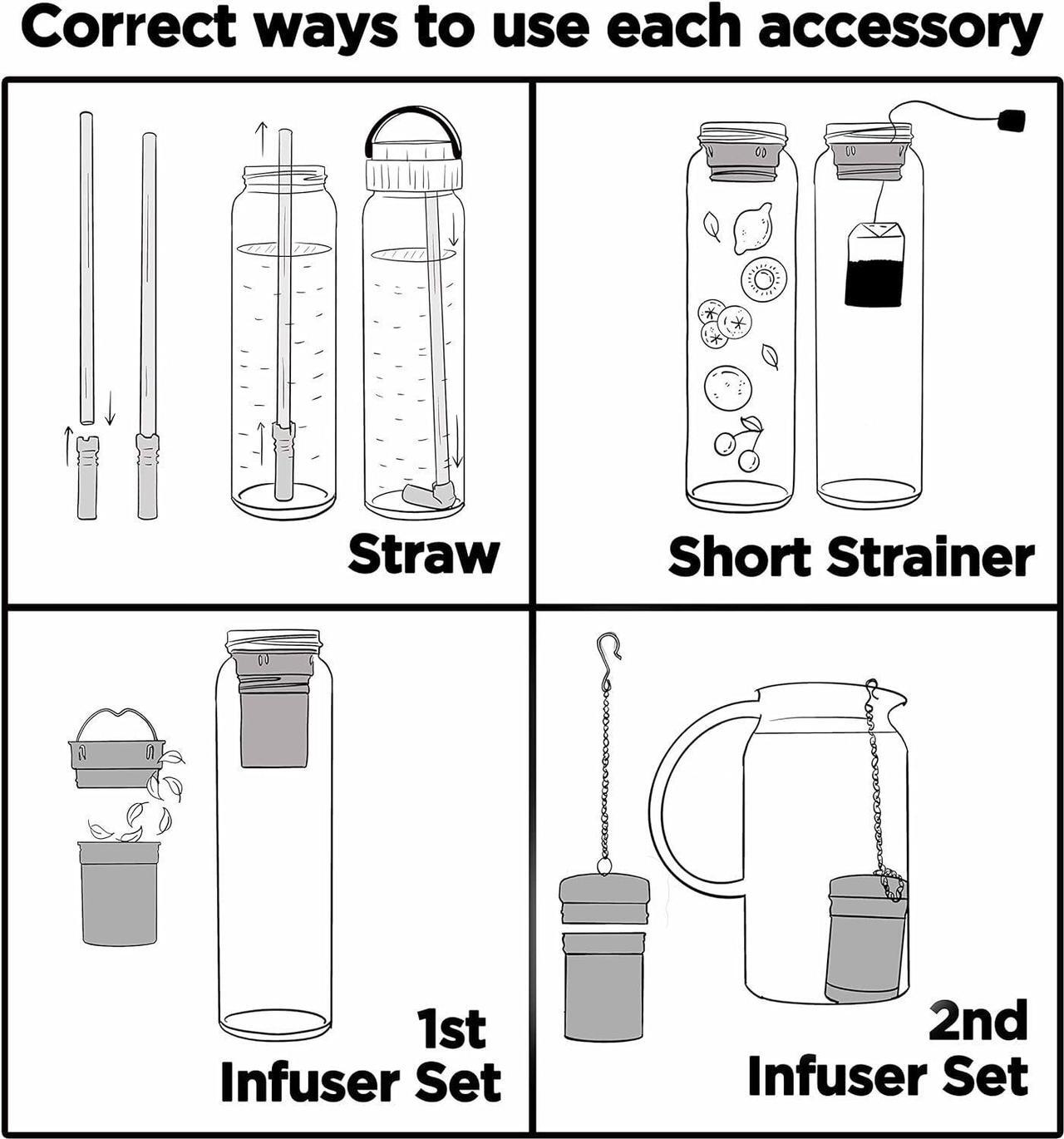 Alt view image 4 of 7 - 32oz Borosilicate Glass Water Bottle with Bamboo Lid and 2 Tea Infuser Sets for Fruit Infused Water and Cold Brew Coffee - Glass Tea Infuser Bottle with Strainer for Loose Leaf Tea