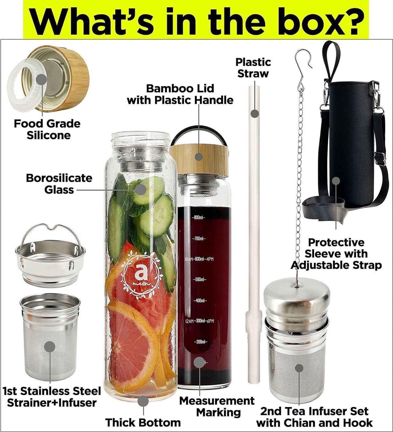 Alt view image 2 of 7 - 32oz Borosilicate Glass Water Bottle with Bamboo Lid and 2 Tea Infuser Sets for Fruit Infused Water and Cold Brew Coffee - Glass Tea Infuser Bottle with Strainer for Loose Leaf Tea