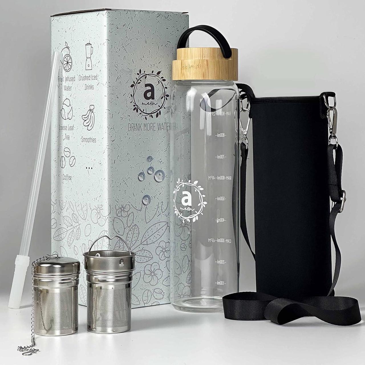 Alt view image 3 of 7 - 32oz Borosilicate Glass Water Bottle with Bamboo Lid and 2 Tea Infuser Sets for Fruit Infused Water and Cold Brew Coffee - Glass Tea Infuser Bottle with Strainer for Loose Leaf Tea