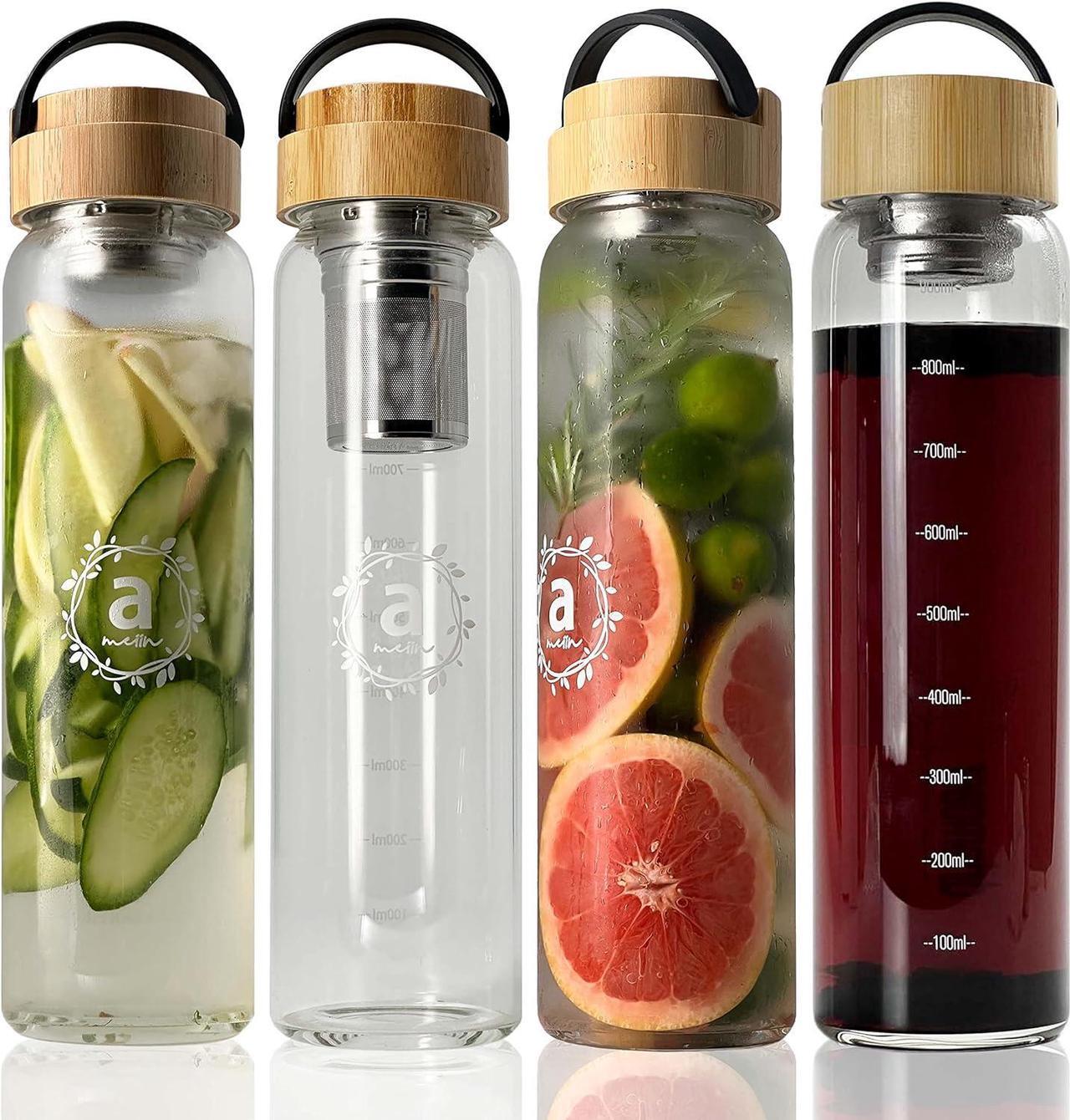 Alt view image 5 of 7 - 32oz Borosilicate Glass Water Bottle with Bamboo Lid and 2 Tea Infuser Sets for Fruit Infused Water and Cold Brew Coffee - Glass Tea Infuser Bottle with Strainer for Loose Leaf Tea