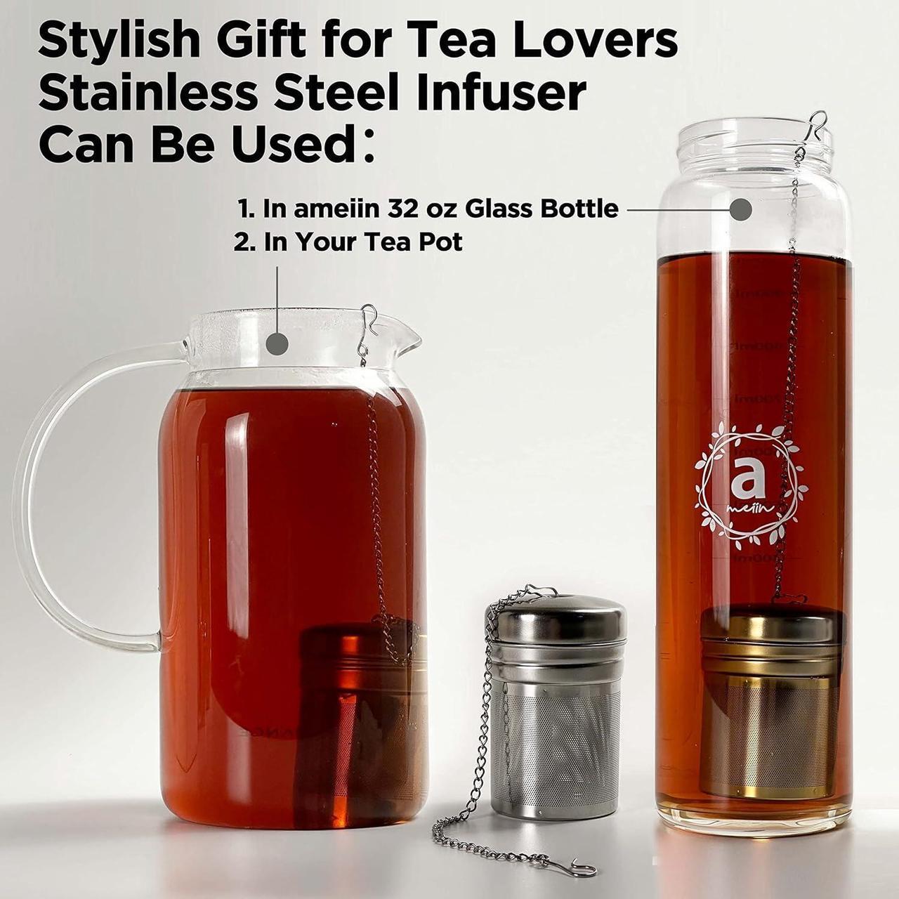 Alt view image 7 of 7 - 32oz Borosilicate Glass Water Bottle with Bamboo Lid and 2 Tea Infuser Sets for Fruit Infused Water and Cold Brew Coffee - Glass Tea Infuser Bottle with Strainer for Loose Leaf Tea