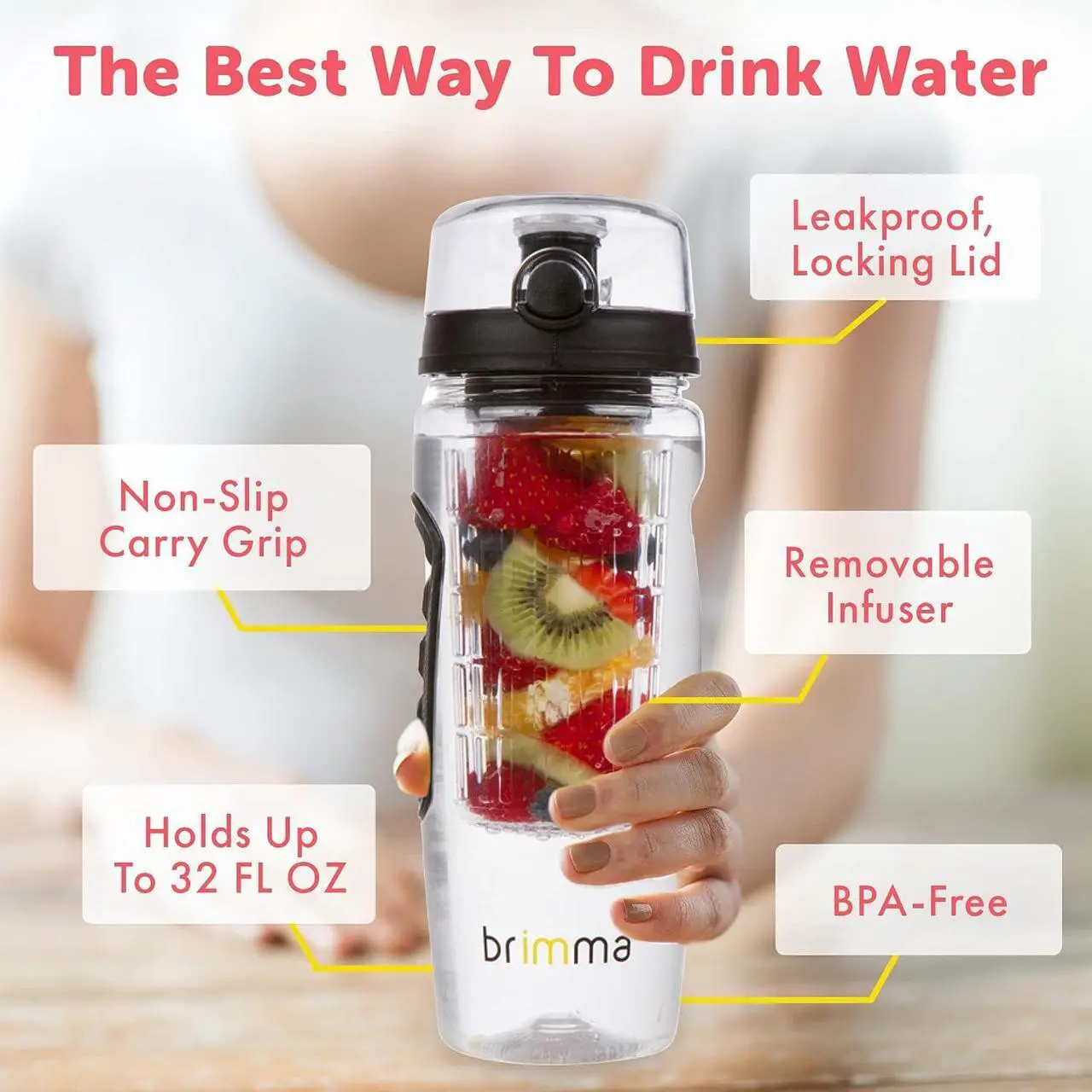 Alt view image 2 of 7 - Brimma Fruit Infuser Water Bottle - 32 oz Large, Leakproof Plastic Fruit Infusion Water Bottle for Gym, Camping, and Travel
