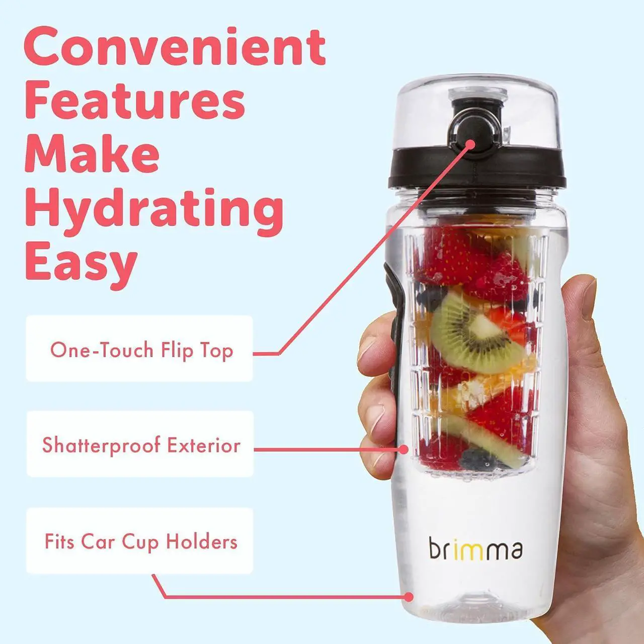 Alt view image 5 of 7 - Brimma Fruit Infuser Water Bottle - 32 oz Large, Leakproof Plastic Fruit Infusion Water Bottle for Gym, Camping, and Travel