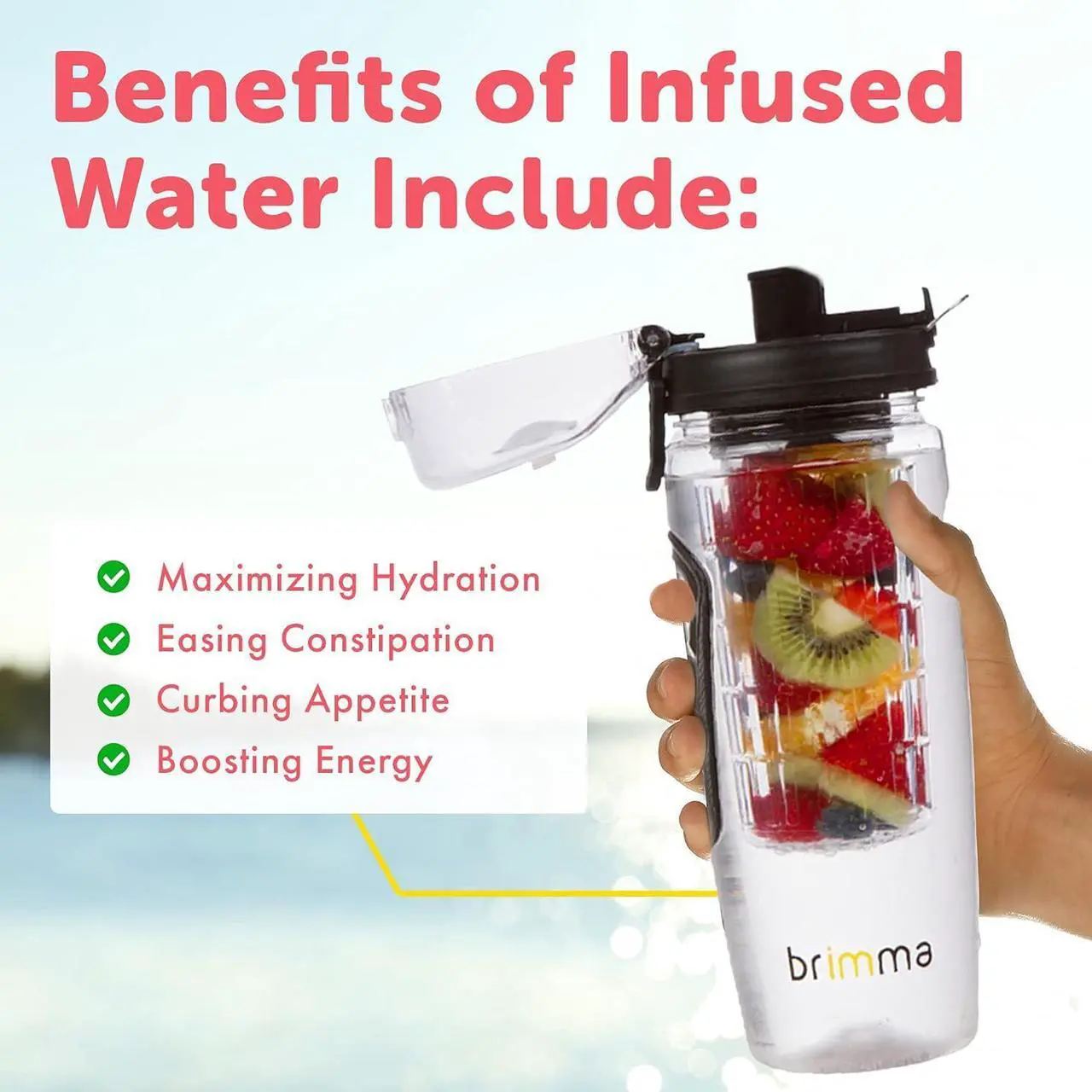 Alt view image 7 of 7 - Brimma Fruit Infuser Water Bottle - 32 oz Large, Leakproof Plastic Fruit Infusion Water Bottle for Gym, Camping, and Travel