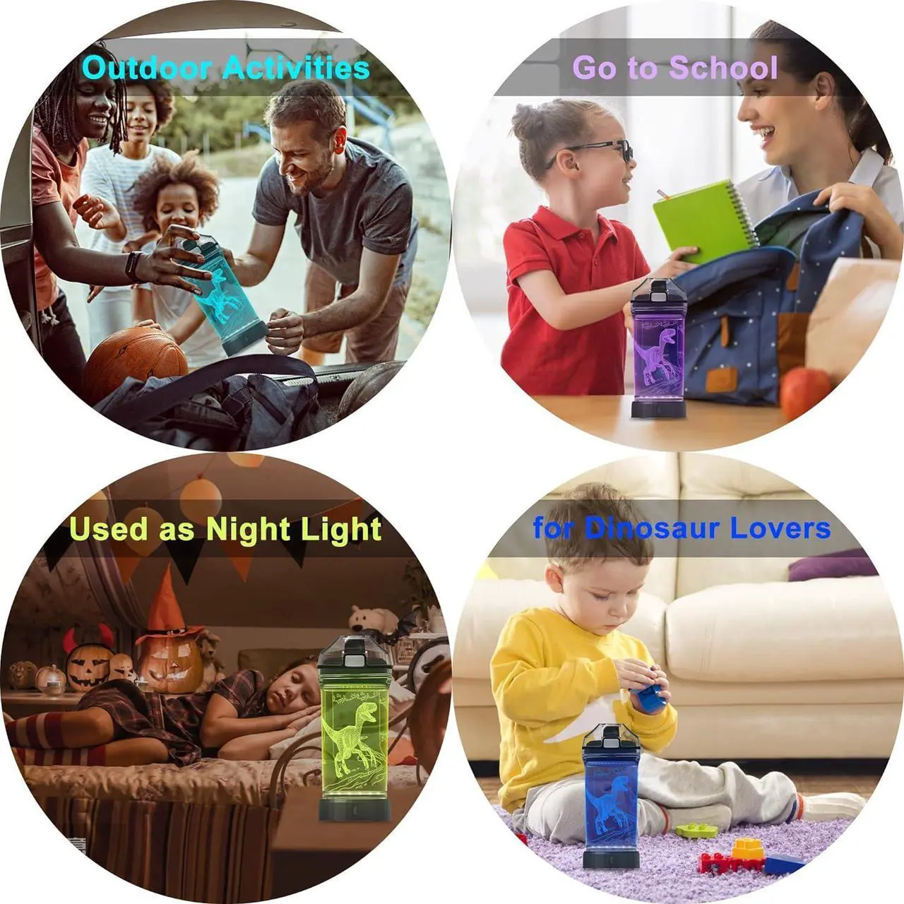 Alt view image 7 of 7 - Light Up Dinosaur Water Bottle with Color Changing Night Light- 14 OZ Tritan BPA Free - Cute Velociraptor Kids Drinking Cups Gift for School Boy Girl Child Grandson Christmas Holiday