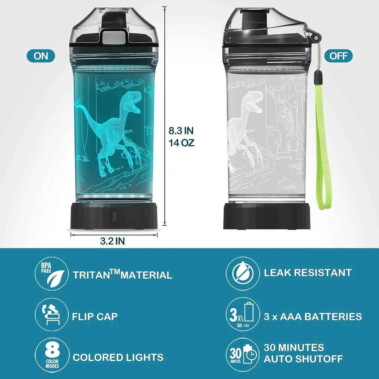 Alt view image 5 of 7 - Light Up Dinosaur Water Bottle with Color Changing Night Light- 14 OZ Tritan BPA Free - Cute Velociraptor Kids Drinking Cups Gift for School Boy Girl Child Grandson Christmas Holiday