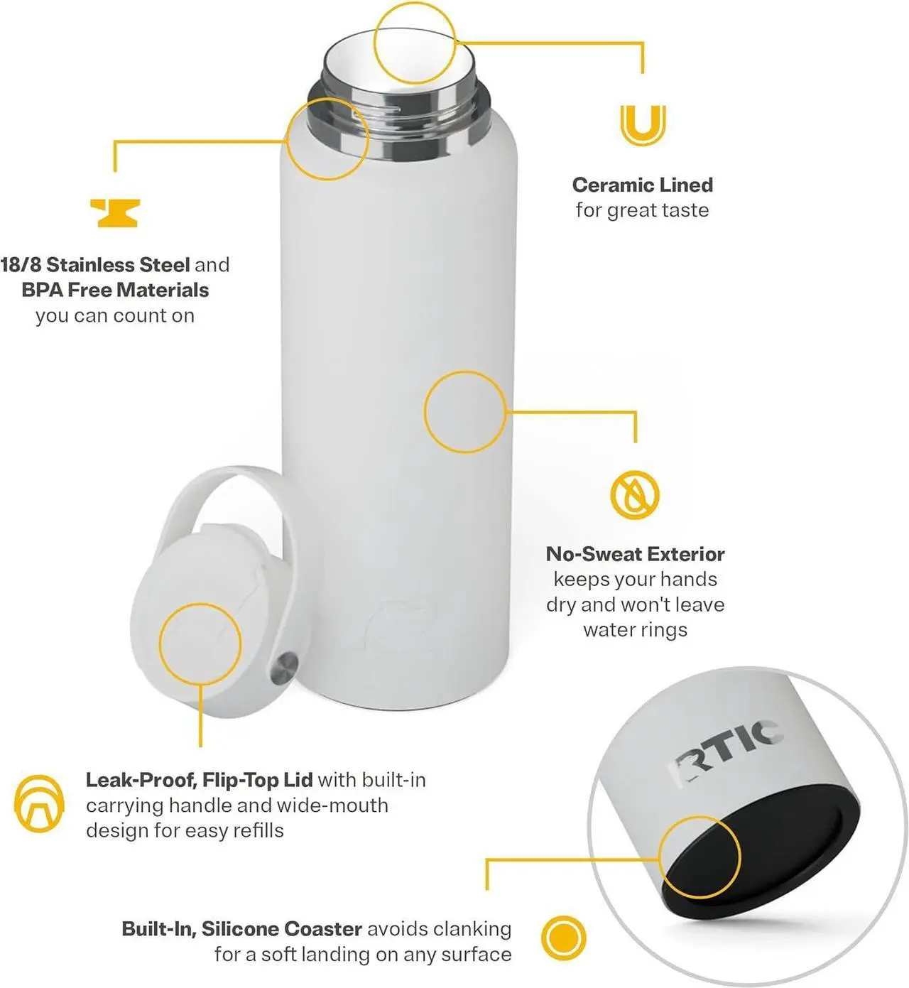 Alt view image 4 of 7 - RTIC 40oz Outback Bottle, Insulated, Stainless Steel, Metal, Double Wall Vacuum-Insulation, Ceramic Lined, Leak-Proof Lid, BPA-Free Water Flask for Hiking, Running, Sports, Outdoor, White