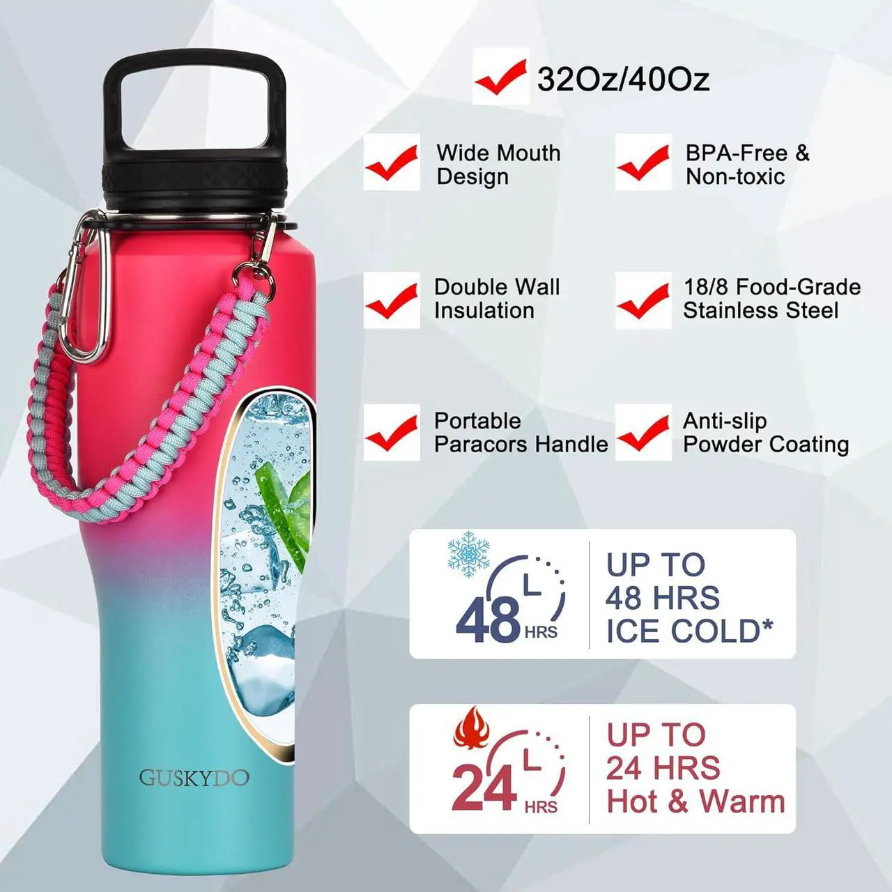 Alt view image 3 of 7 - 32 oz Insulated Water Bottle with Paracord Handles &Strap, Double Wall Metal Stainless Steel Tumbler Travel Flask with Straw Lid and Spout Lid, Fits in Any Car Cup Holders Keep Cold Hot 24 Hrs