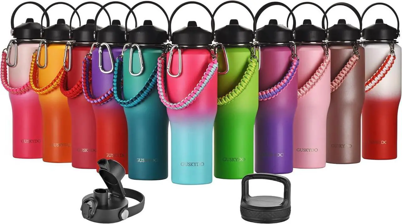 Alt view image 7 of 7 - 32 oz Insulated Water Bottle with Paracord Handles &Strap, Double Wall Metal Stainless Steel Tumbler Travel Flask with Straw Lid and Spout Lid, Fits in Any Car Cup Holders Keep Cold Hot 24 Hrs
