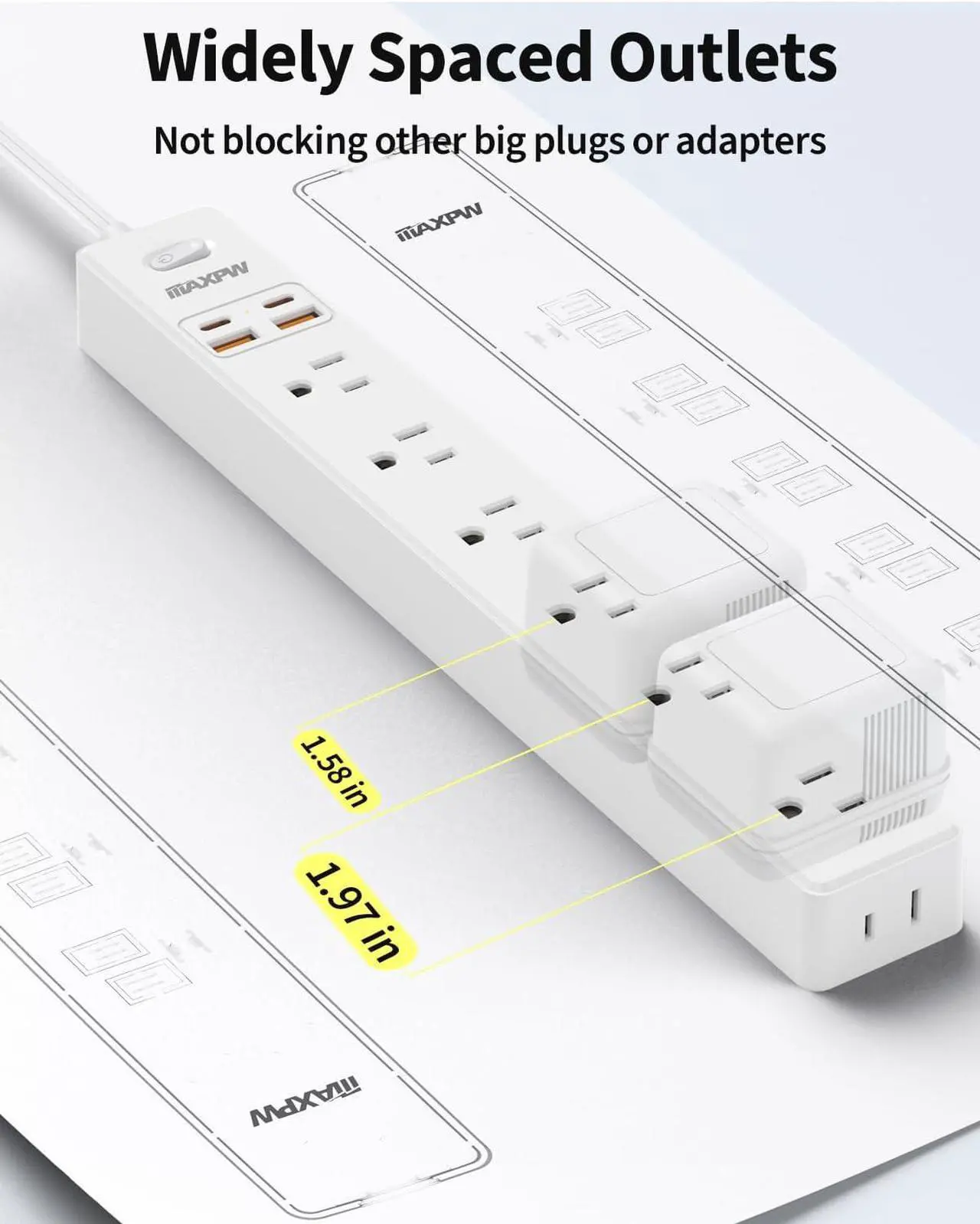 Alt view image 3 of 7 - 2 Pack Power Strip Surge Protector - 7 Outlets 4 USB Ports (2 USB C), 6 Ft Ultra Thin Flat Plug Extension Cord, 1875W/15A, 1700 Joules, Wall Mount for Home Office Dorm, White