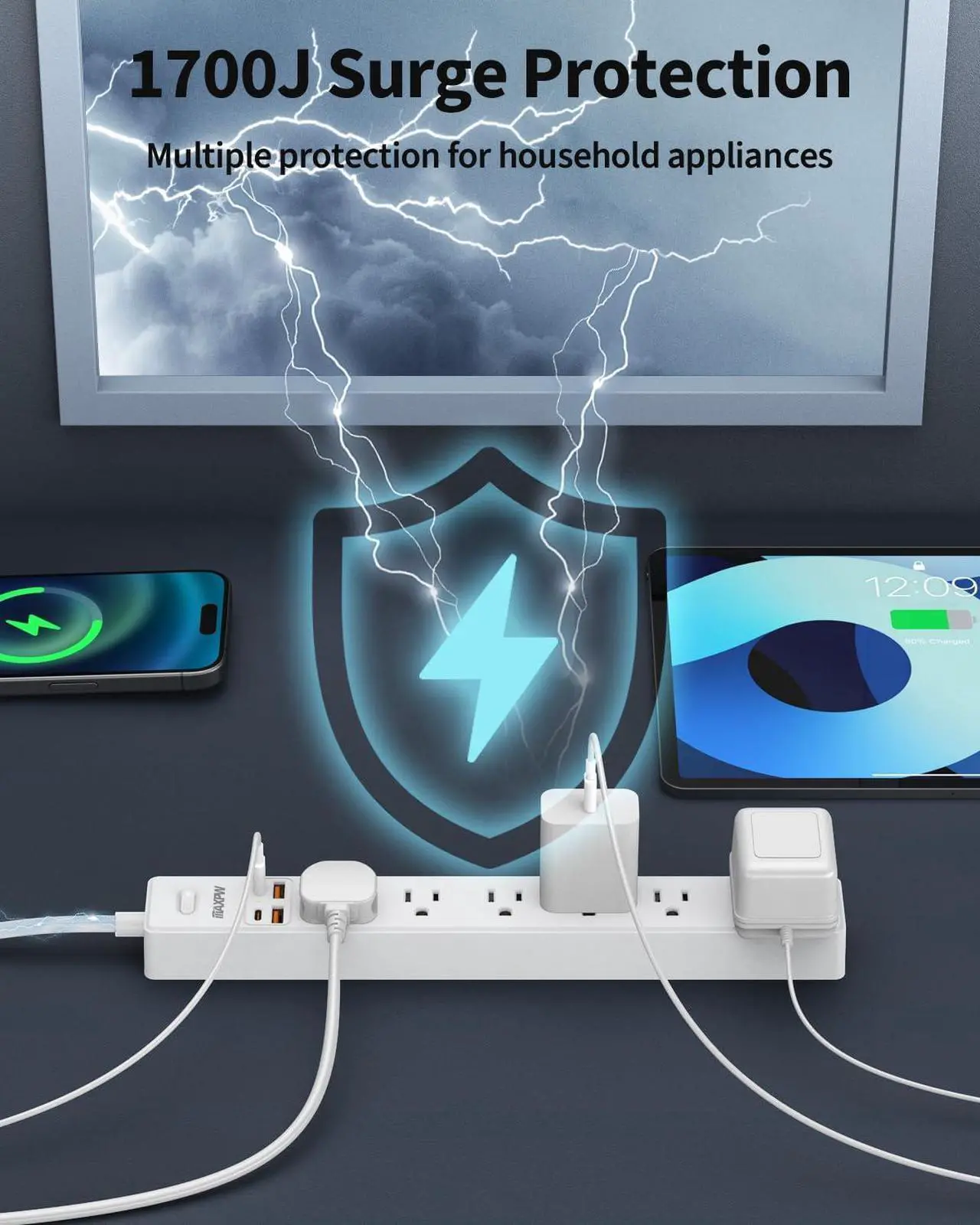 Alt view image 6 of 7 - 2 Pack Power Strip Surge Protector - 7 Outlets 4 USB Ports (2 USB C), 6 Ft Ultra Thin Flat Plug Extension Cord, 1875W/15A, 1700 Joules, Wall Mount for Home Office Dorm, White