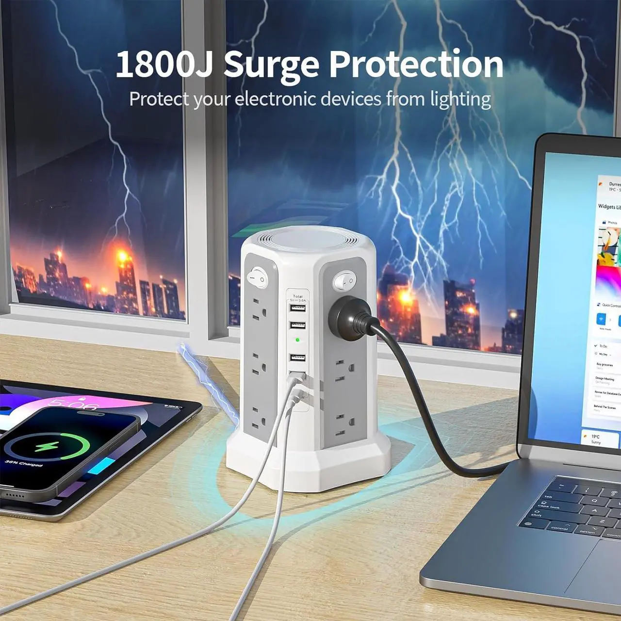 Alt view image 3 of 6 - Surge Protector Power Strip Tower with USB C Port(PD18W),10FT Extension Cord with 12 AC Outlets 5 USB Charging Ports, PASSUS Power Tower Surge Protection for Home Office DormRoom