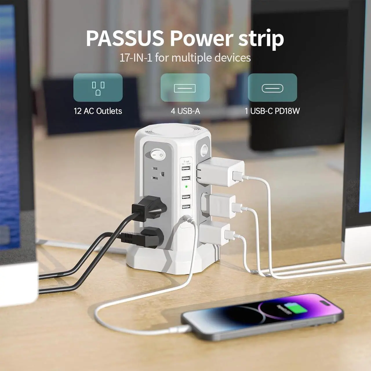 Alt view image 5 of 6 - Surge Protector Power Strip Tower with USB C Port(PD18W),10FT Extension Cord with 12 AC Outlets 5 USB Charging Ports, PASSUS Power Tower Surge Protection for Home Office DormRoom