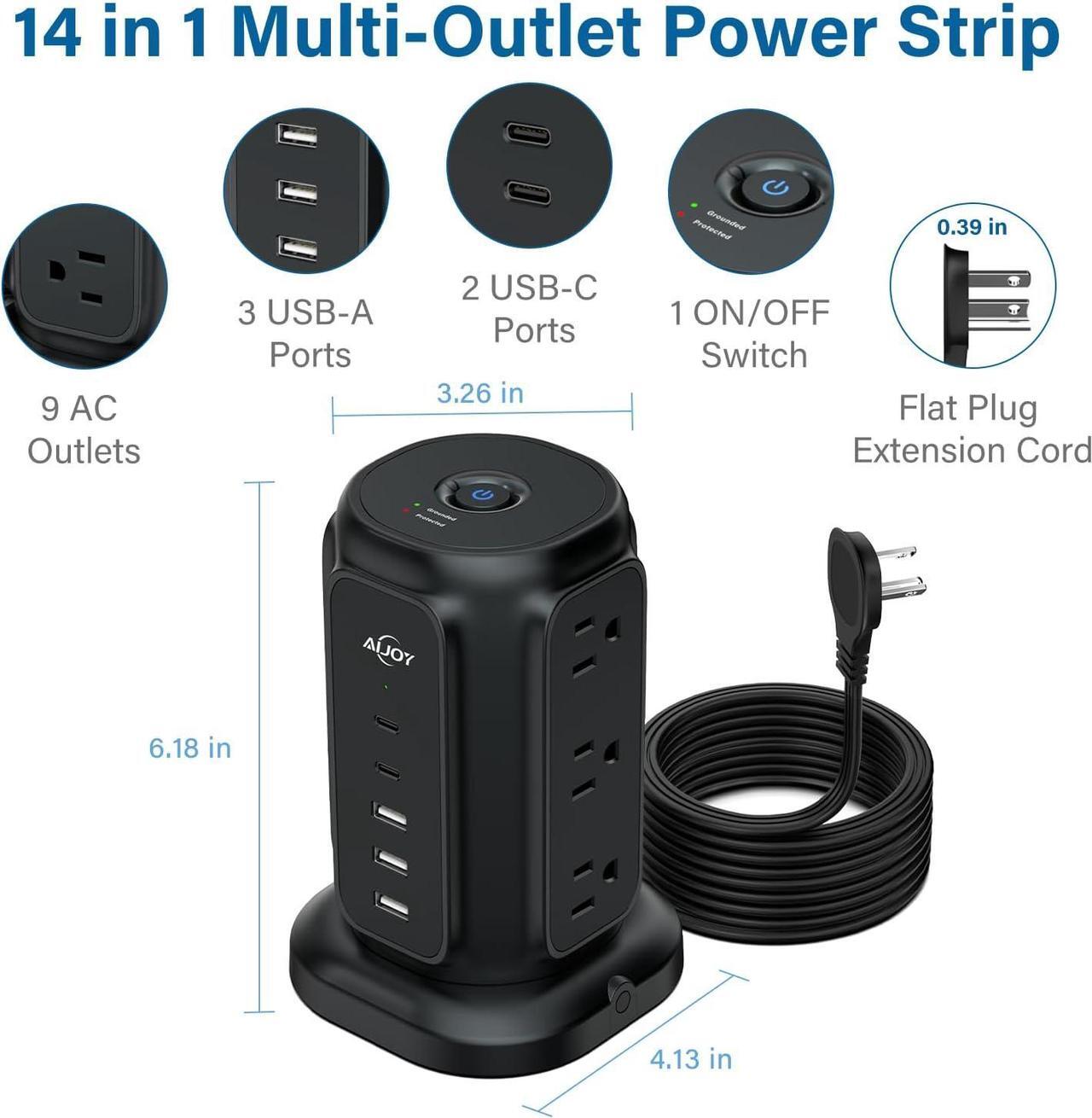 Alt view image 2 of 6 - Flat Plug Power Strip Tower with 9 Outlets and 5 USB Ports (2 USB C), AiJoy Surge Protector with 6.5 Feet 1625W/13A Extension Cord, 1200J Surge Protection for Home Office Supplies Desk Accessories