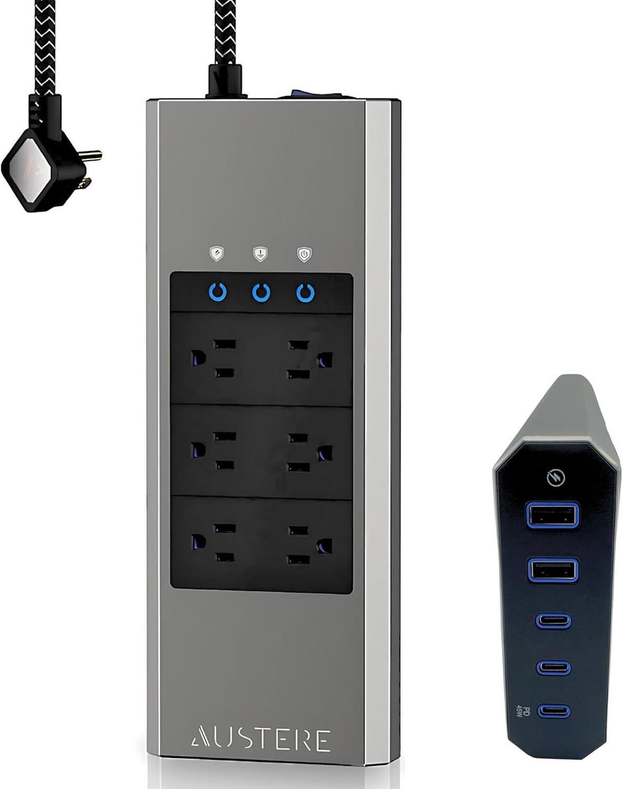 Main image of Austere VII Series Surge Protector Power Strip, 6 Wide Outlets, 3 USB C & 2 USB A 2.4 amp Ports, 45W Power Delivery | 4000 Joules Heavy Duty, EMI/RFI Filtering, 7 Year Component Guarantee
