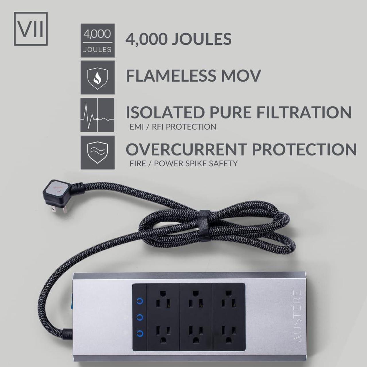 Alt view image 3 of 7 - Austere VII Series Surge Protector Power Strip, 6 Wide Outlets, 3 USB C & 2 USB A 2.4 amp Ports, 45W Power Delivery | 4000 Joules Heavy Duty, EMI/RFI Filtering, 7 Year Component Guarantee