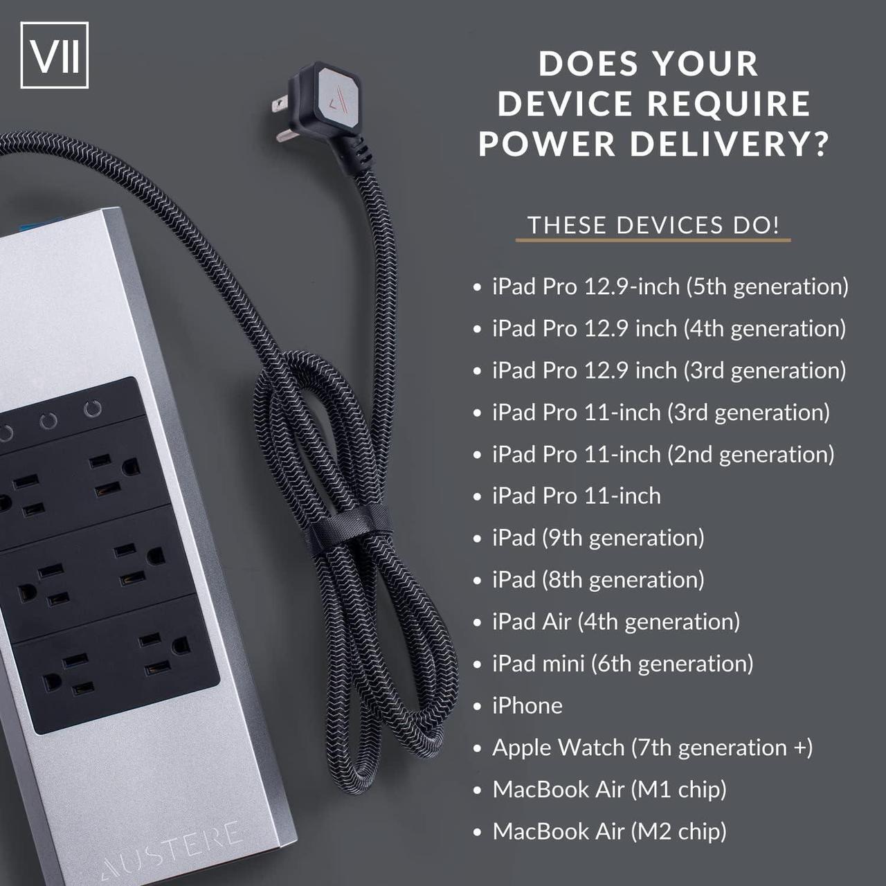 Alt view image 5 of 7 - Austere VII Series Surge Protector Power Strip, 6 Wide Outlets, 3 USB C & 2 USB A 2.4 amp Ports, 45W Power Delivery | 4000 Joules Heavy Duty, EMI/RFI Filtering, 7 Year Component Guarantee