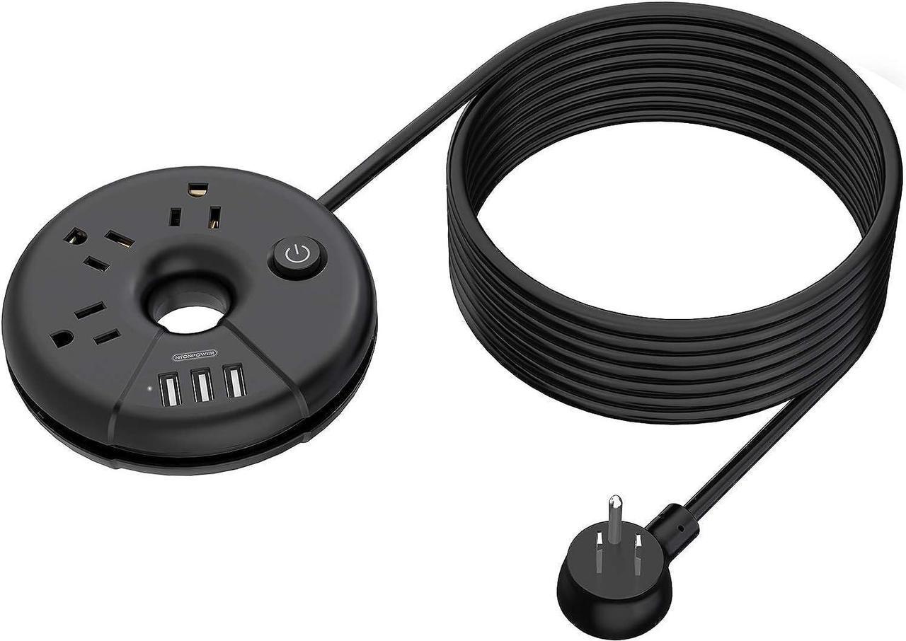 Main image of Extra Long Extension Cord 25 Ft, NTONPOWER Flat Plug Power Strip with 3 Outlets 3 USB Ports, Compact Desktop Charging Station with Switch for Home, Office, TV, Nightstand, Dorm Room Essentials, Black